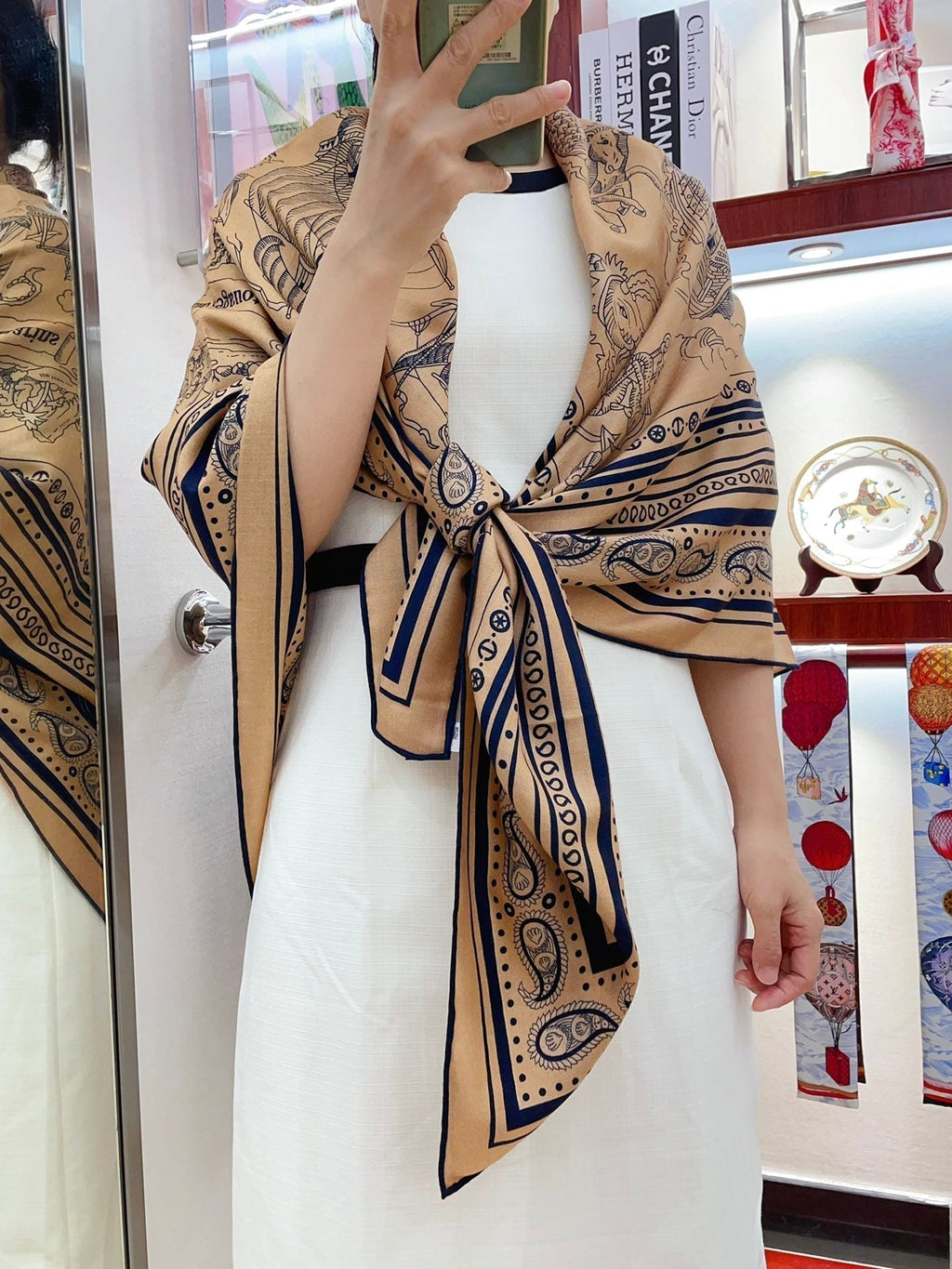 Tatouages Marins Bandana Shawl 135 CM In Dark Beige Colorful Cashmere And Silk 252314