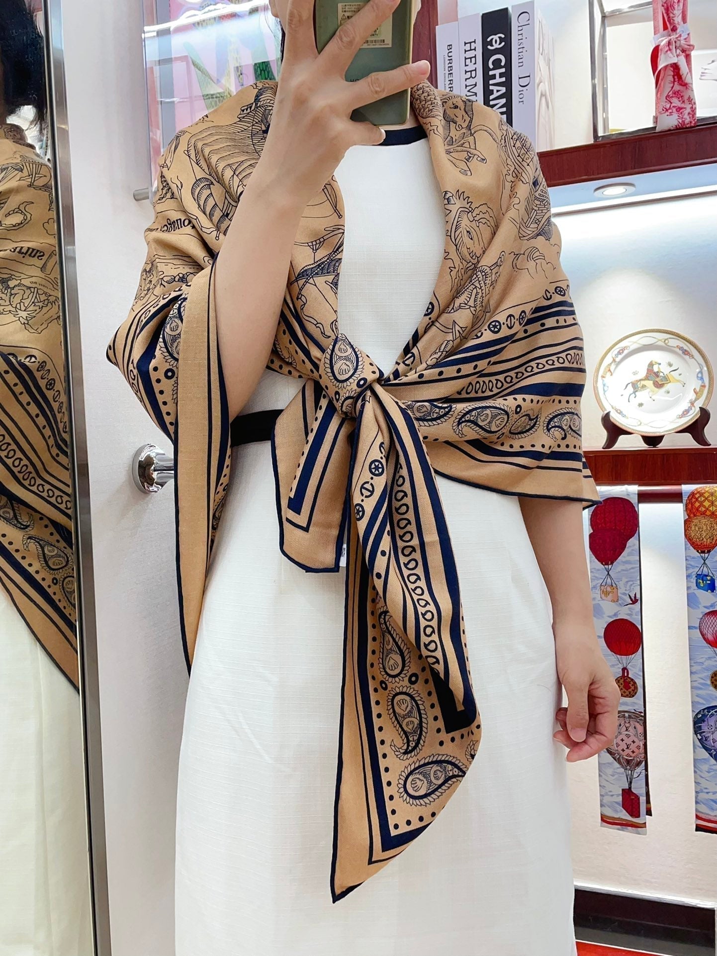 Tatouages Marins Bandana Shawl 135 CM In Dark Beige Colorful Cashmere And Silk 252314