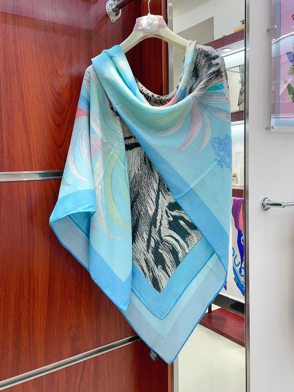 Tigre Royal Double Face Scarf 140 CM In Light Turquoise Colorful Cashmere And Silk 254647