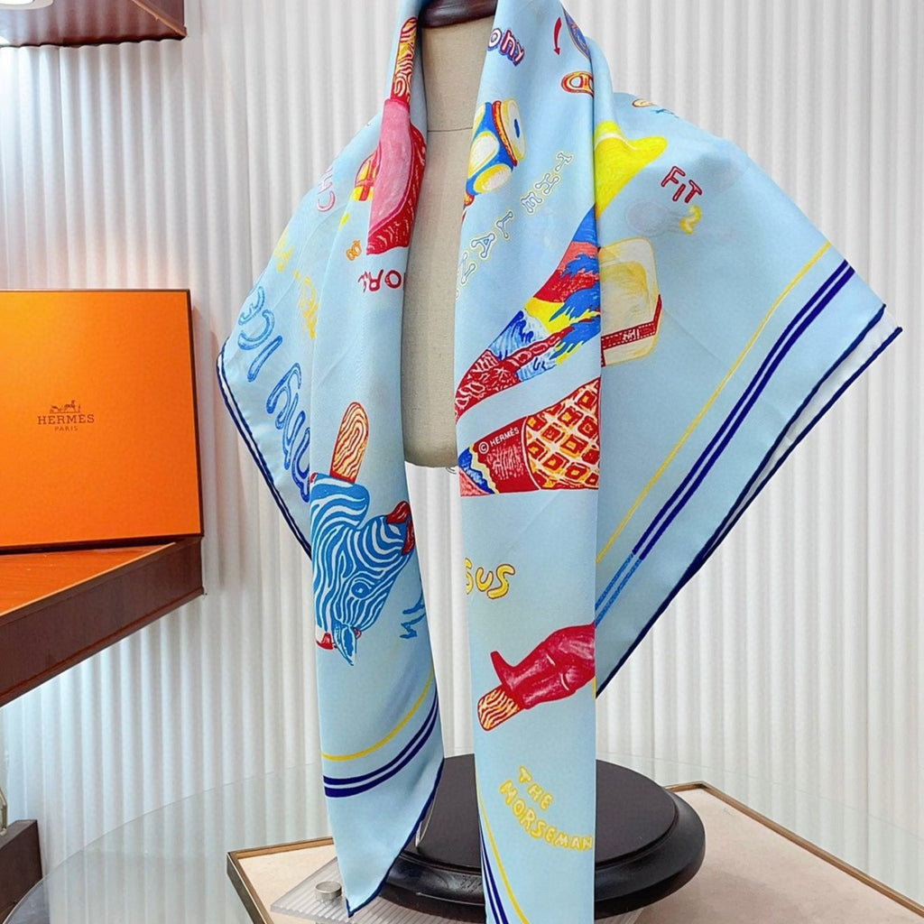 Funny Ice Cream Scarf 90 CM In Light Blue Colorful Silk Twill 300439