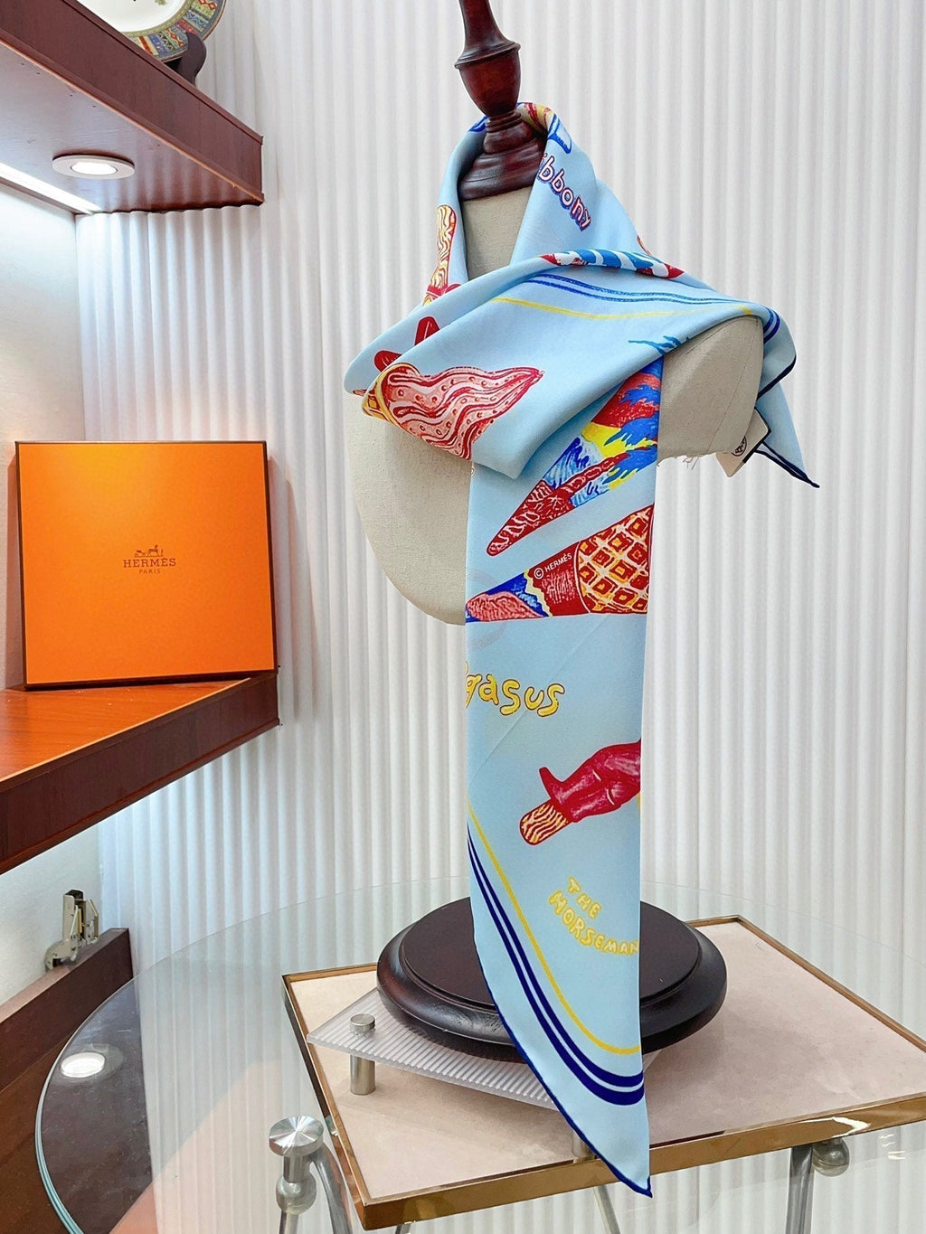 Funny Ice Cream Scarf 90 CM In Light Blue Colorful Silk Twill 300439