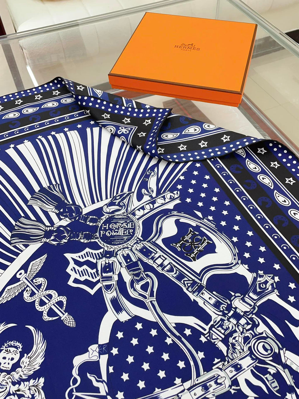 Cheval Punk Bandana Scarf 90 CM In Dark Blue Mix White Black Silk Twill 309213