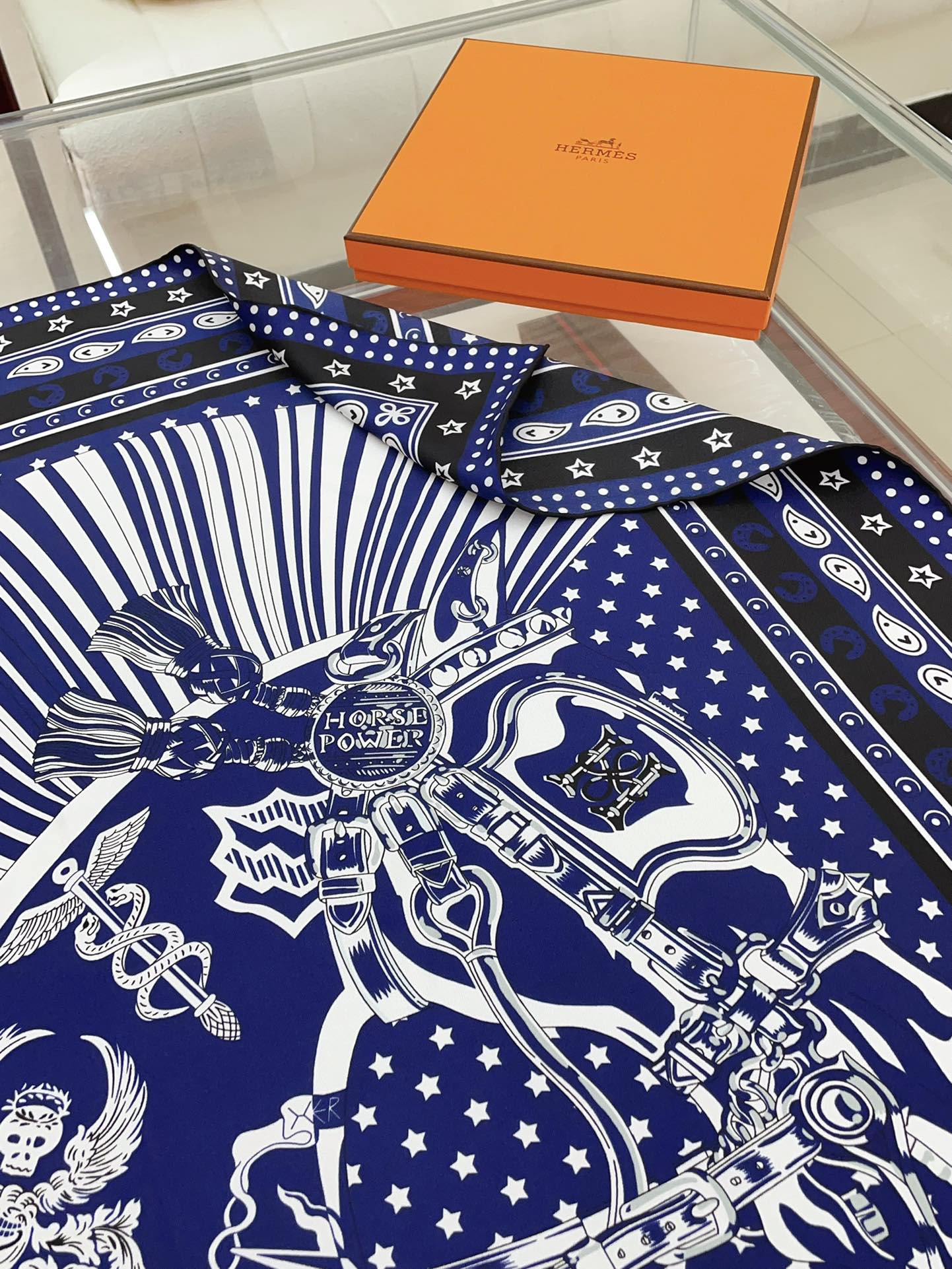 Cheval Punk Bandana Scarf 90 CM In Dark Blue Mix White Black Silk Twill 309213