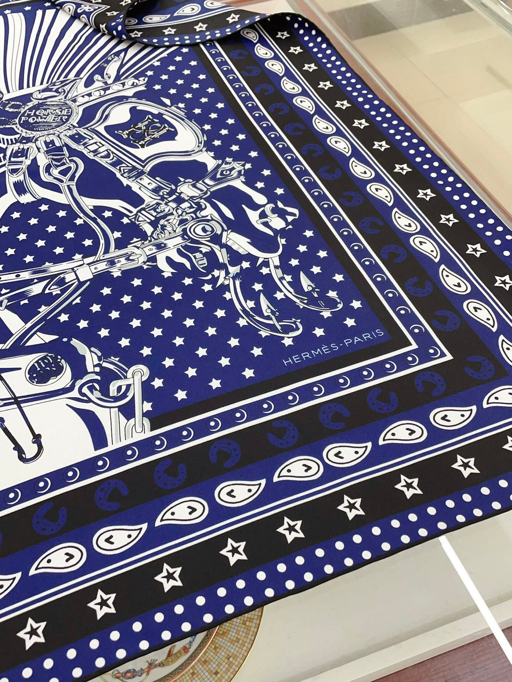 Cheval Punk Bandana Scarf 90 CM In Dark Blue Mix White Black Silk Twill 309213