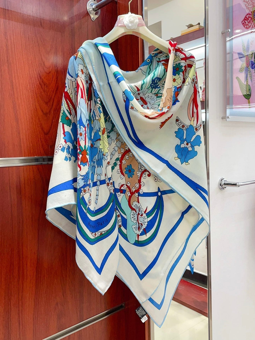 La Danse Du Printemps Scarf 140 In Light Blue Colorful Cashmere And Silk 344364