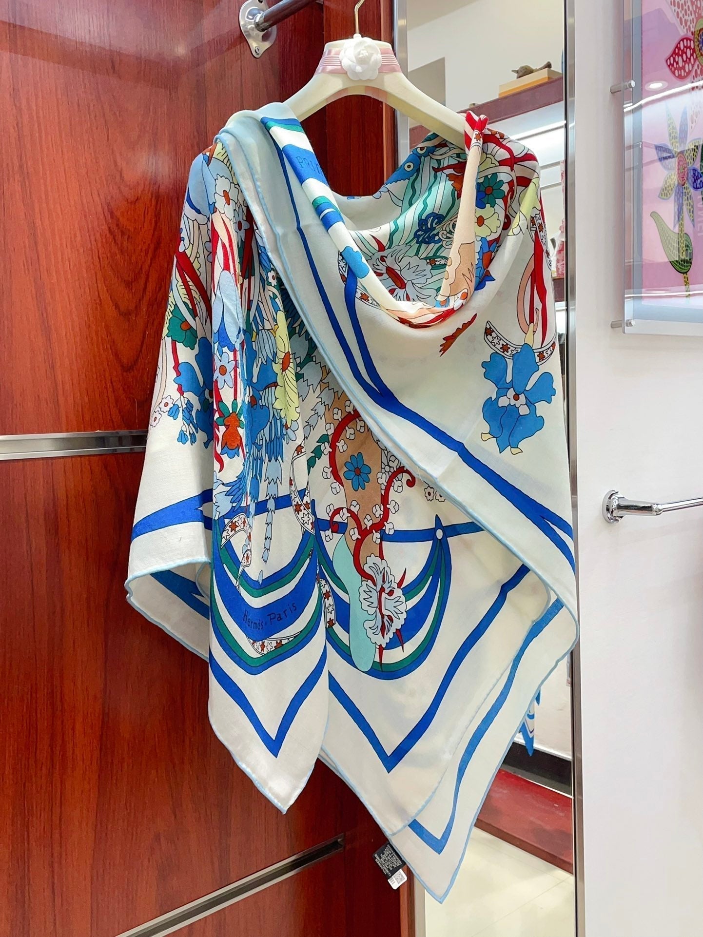 La Danse Du Printemps Scarf 140 In Light Blue Colorful Cashmere And Silk 344364