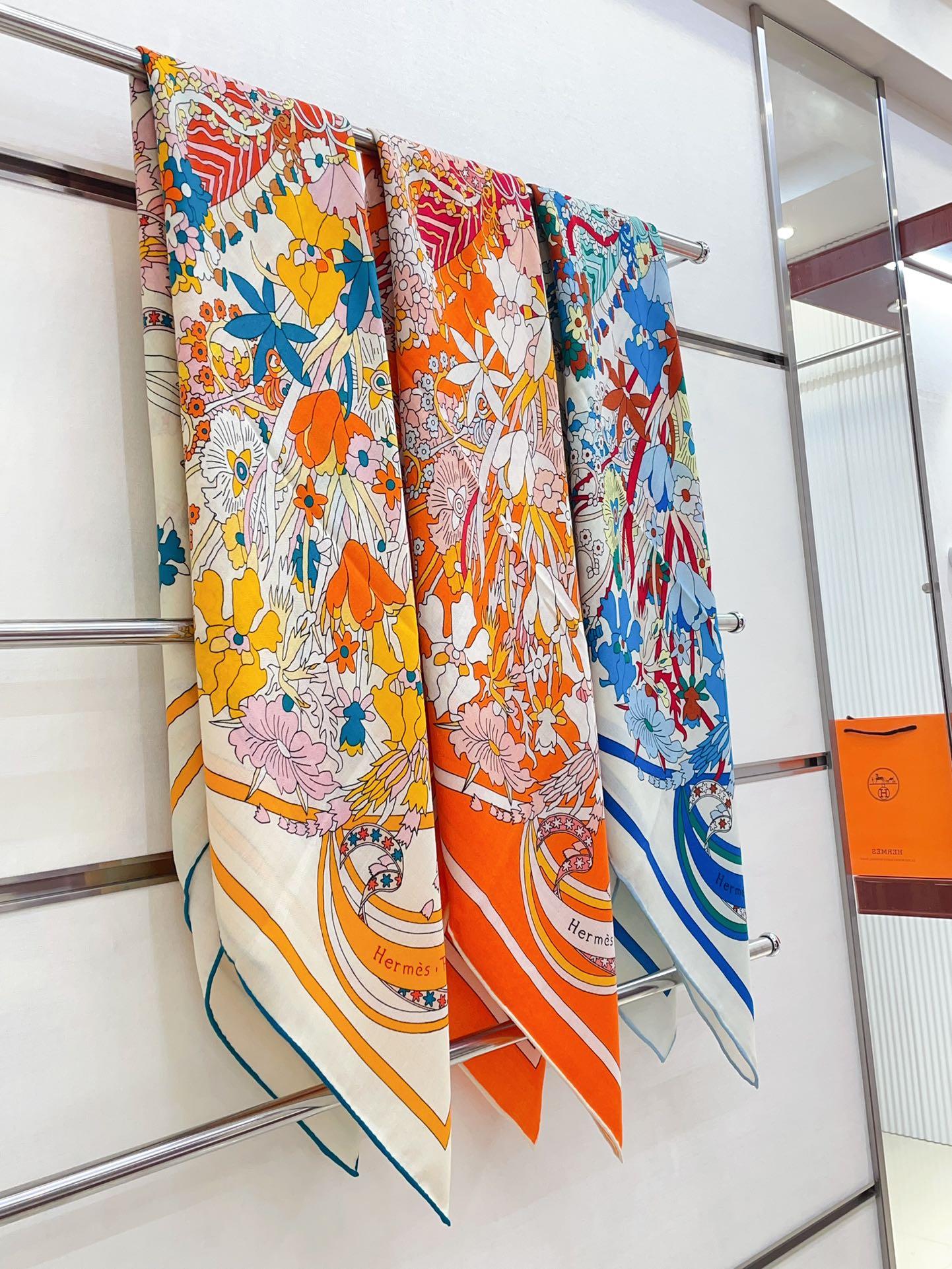 La Danse Du Printemps Scarf 140 In Orange Colorful Cashmere And Silk 344365