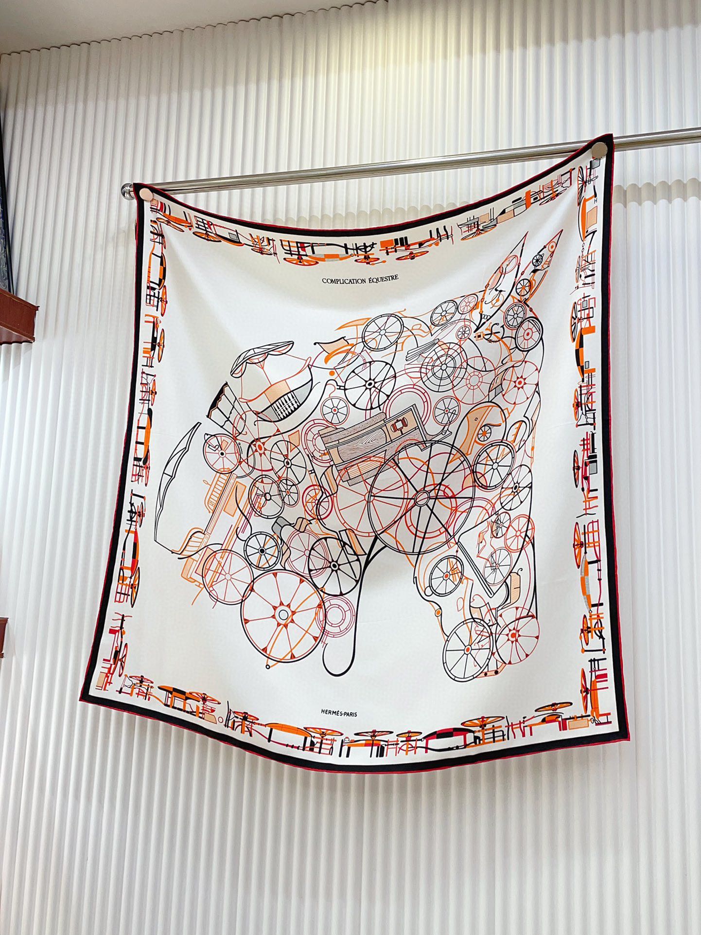 Complication Equestre Scarf 90 CM In White Orange Coloful Silk Twill 345897