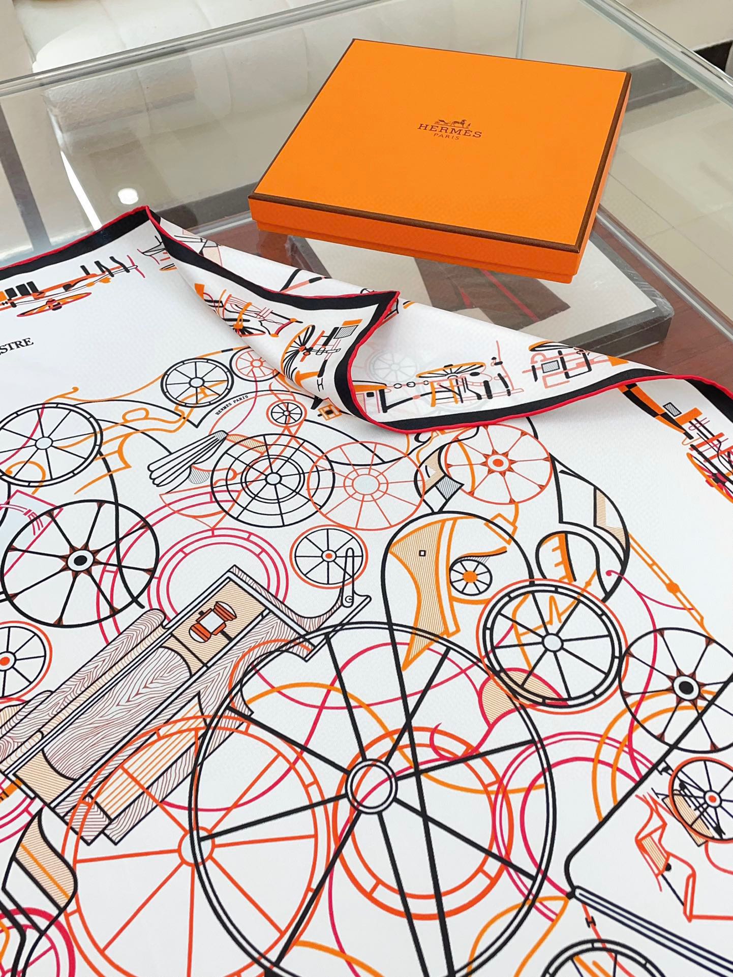 Complication Equestre Scarf 90 CM In White Orange Coloful Silk Twill 345897