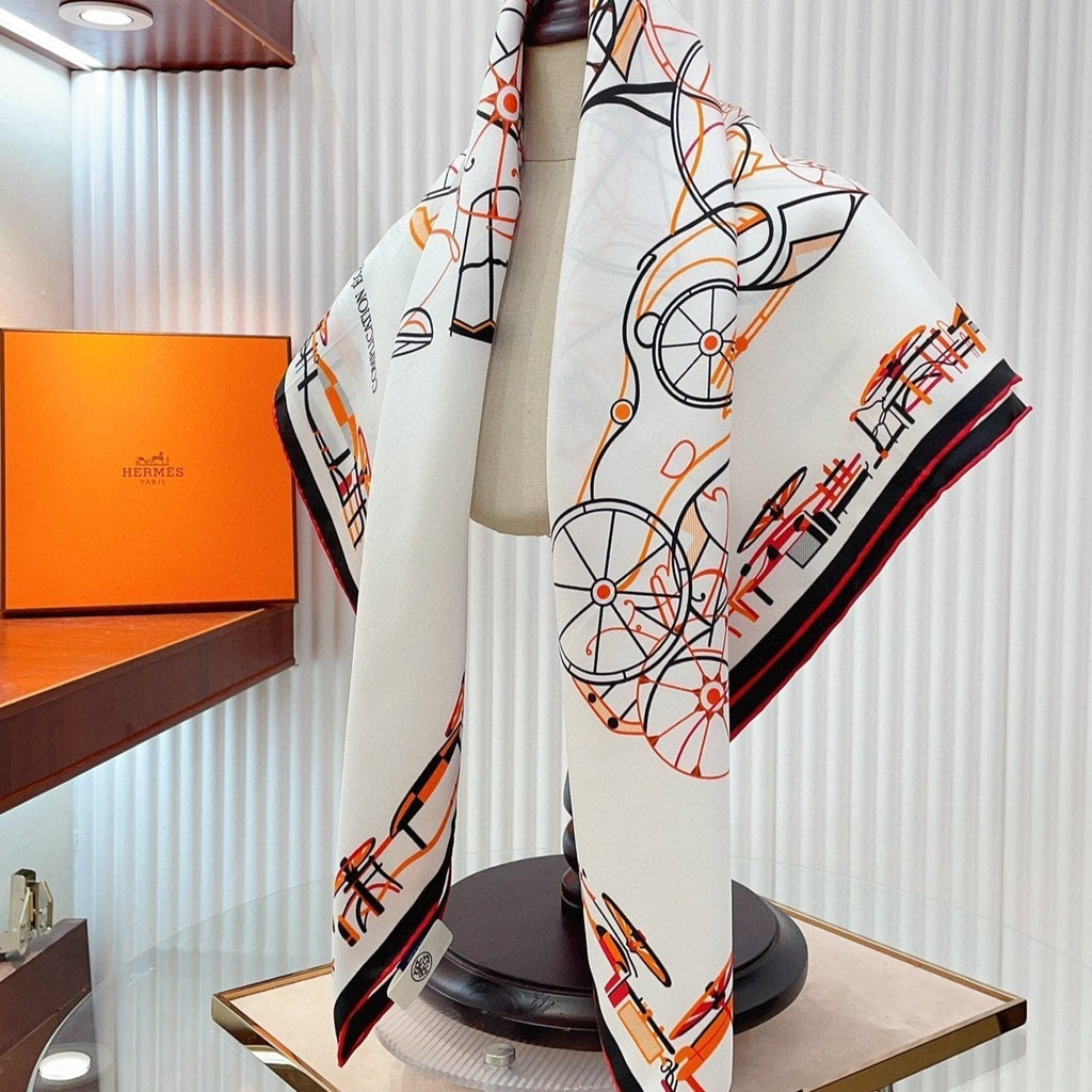 Complication Equestre Scarf 90 CM In White Orange Coloful Silk Twill 345897
