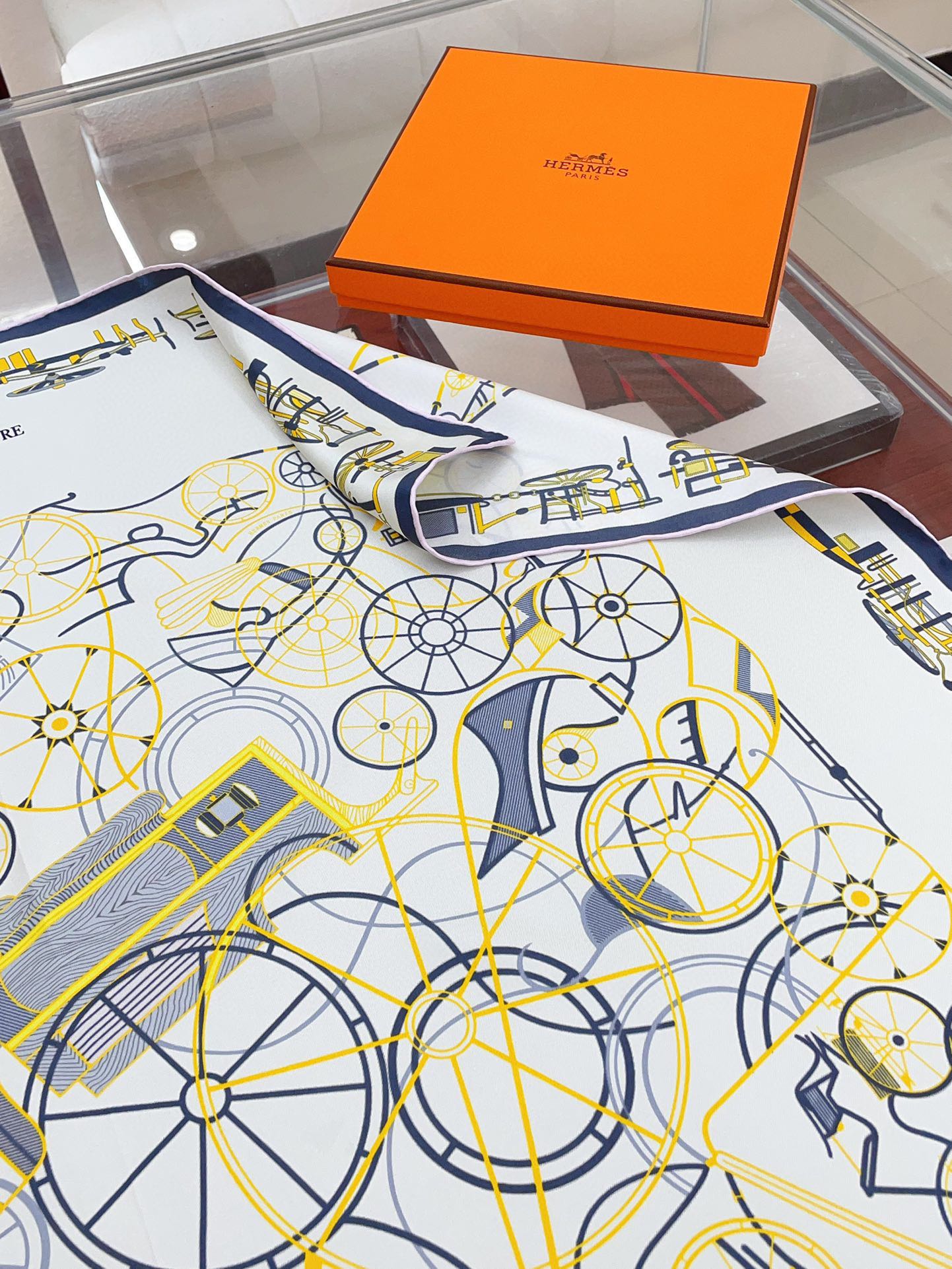 Complication Equestre Scarf 90 CM In White Yellow Coloful Silk Twill  345898