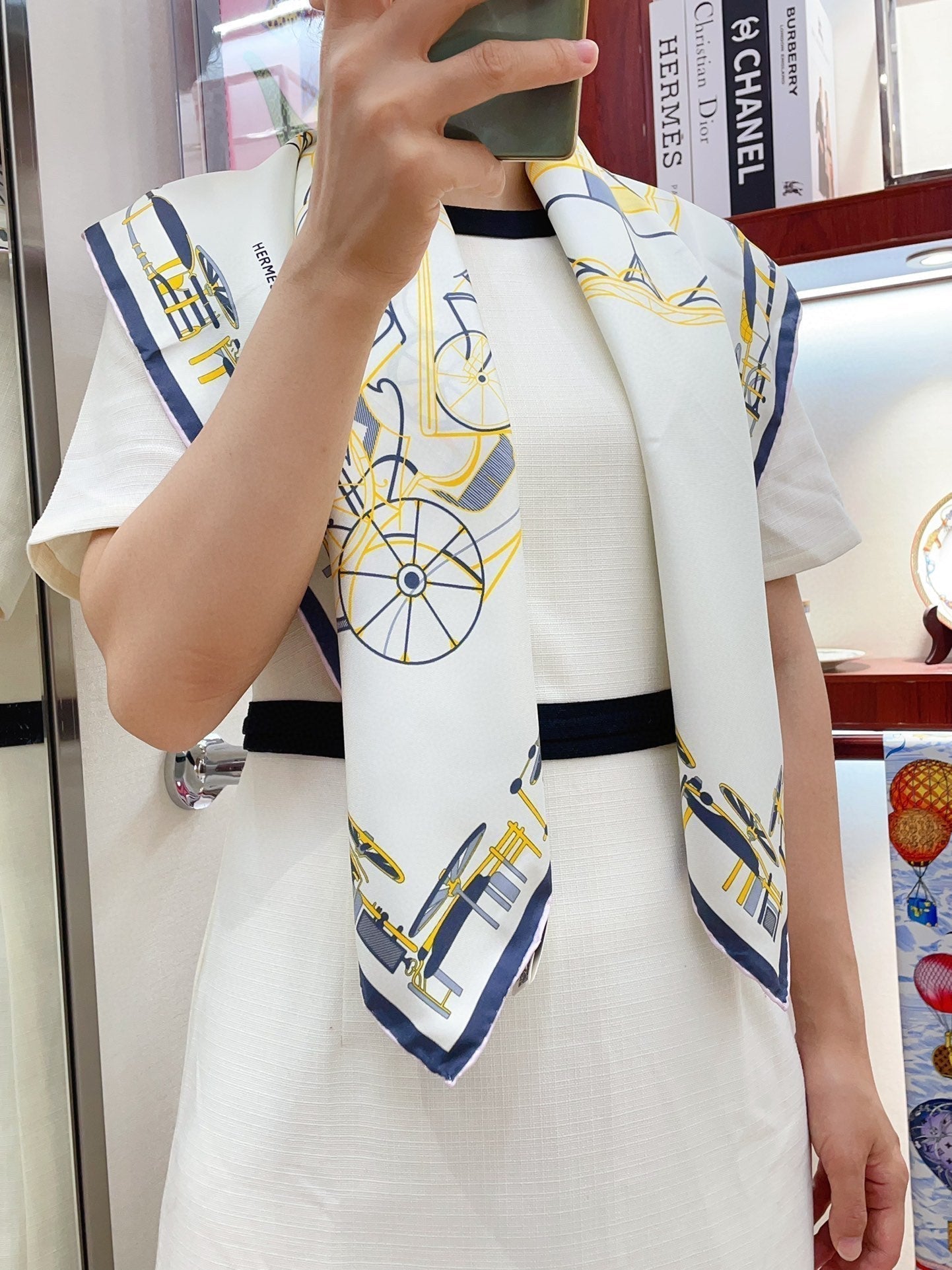 Complication Equestre Scarf 90 CM In White Yellow Coloful Silk Twill  345898