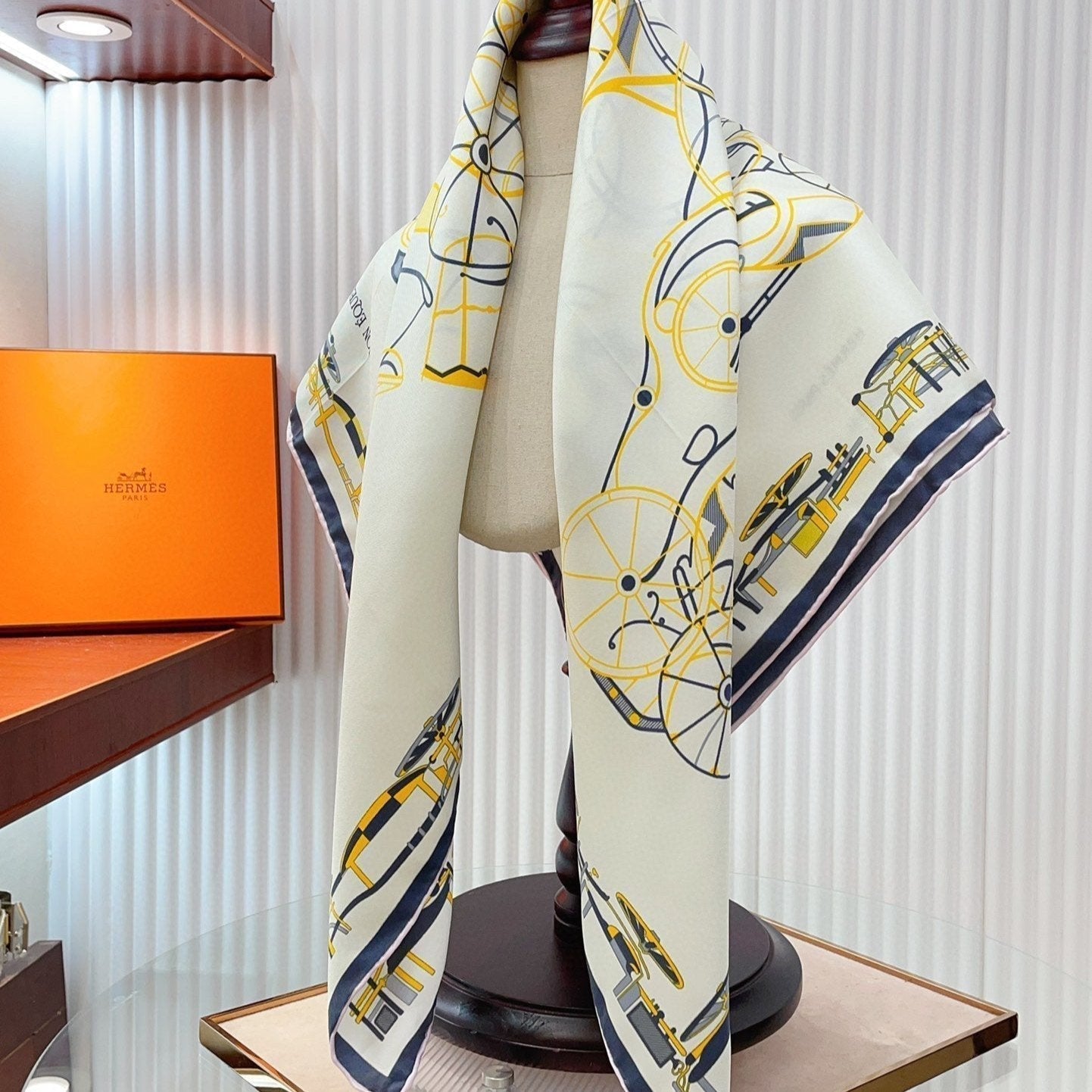 Complication Equestre Scarf 90 CM In White Yellow Coloful Silk Twill  345898