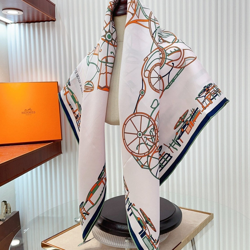 Complication Equestre Scarf 90 CM In White Red Coloful Silk Twill  345900