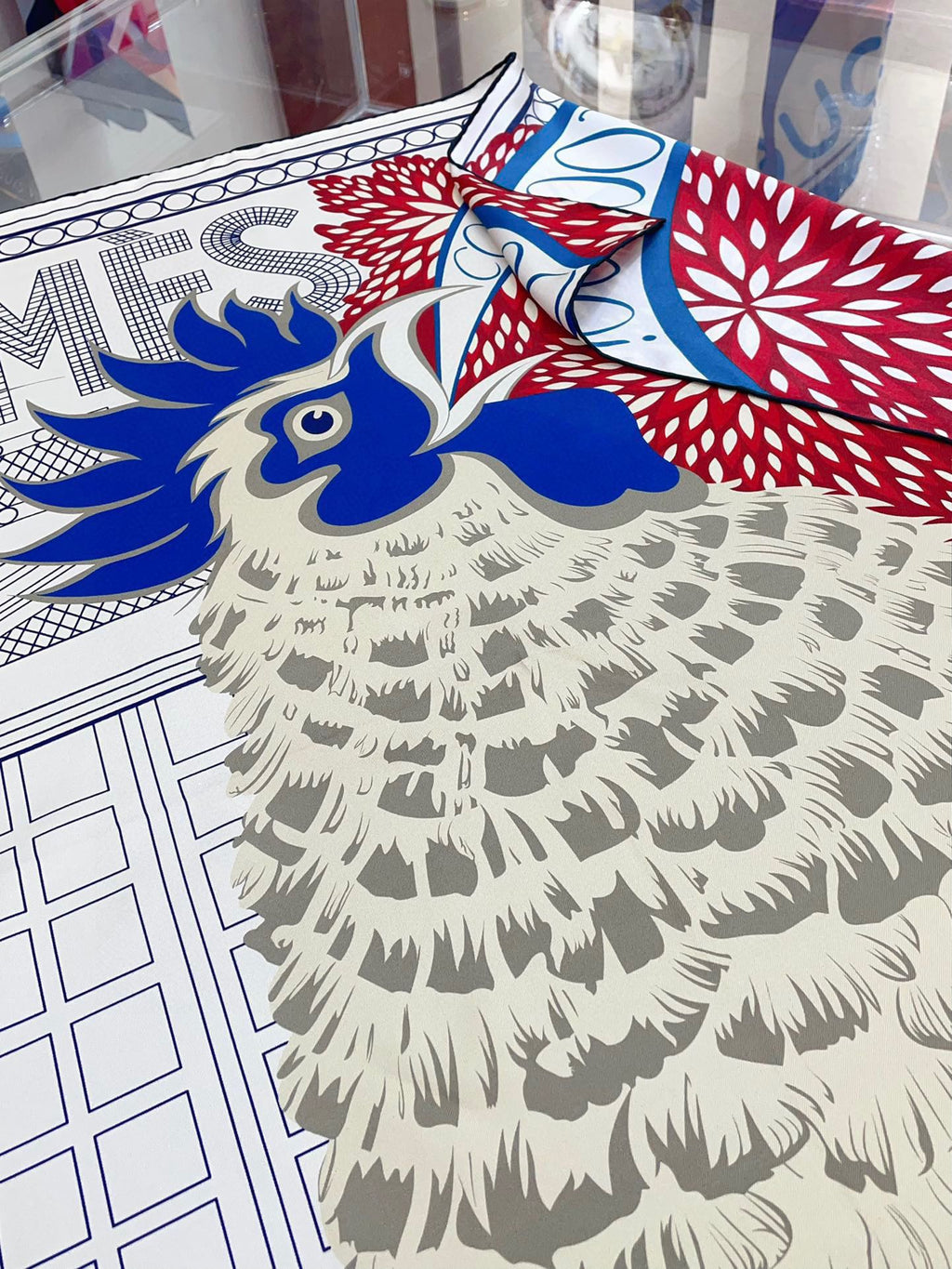 Cocoricooooo! Scarf 90 CM In Red Blue Colorful Silk Twill 348776