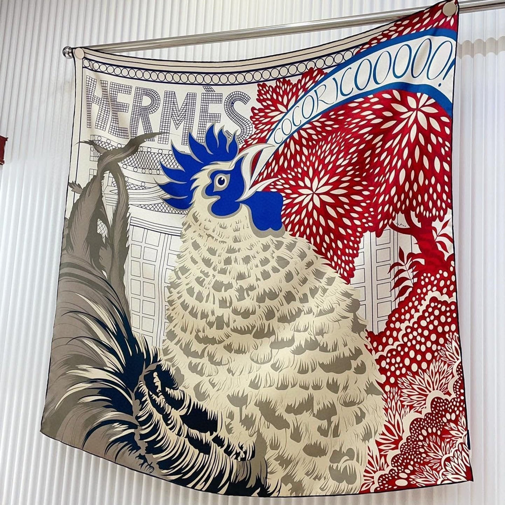 Cocoricooooo! Scarf 90 CM In Red Blue Colorful Silk Twill 348776