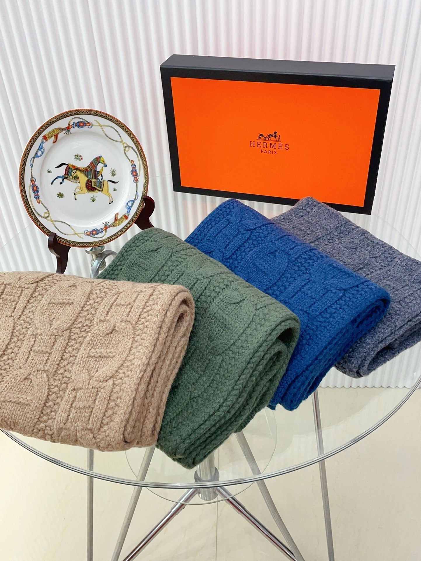 Faubourg Muffler Scarf 170 CM Blue Cashmere Handwoven  356202