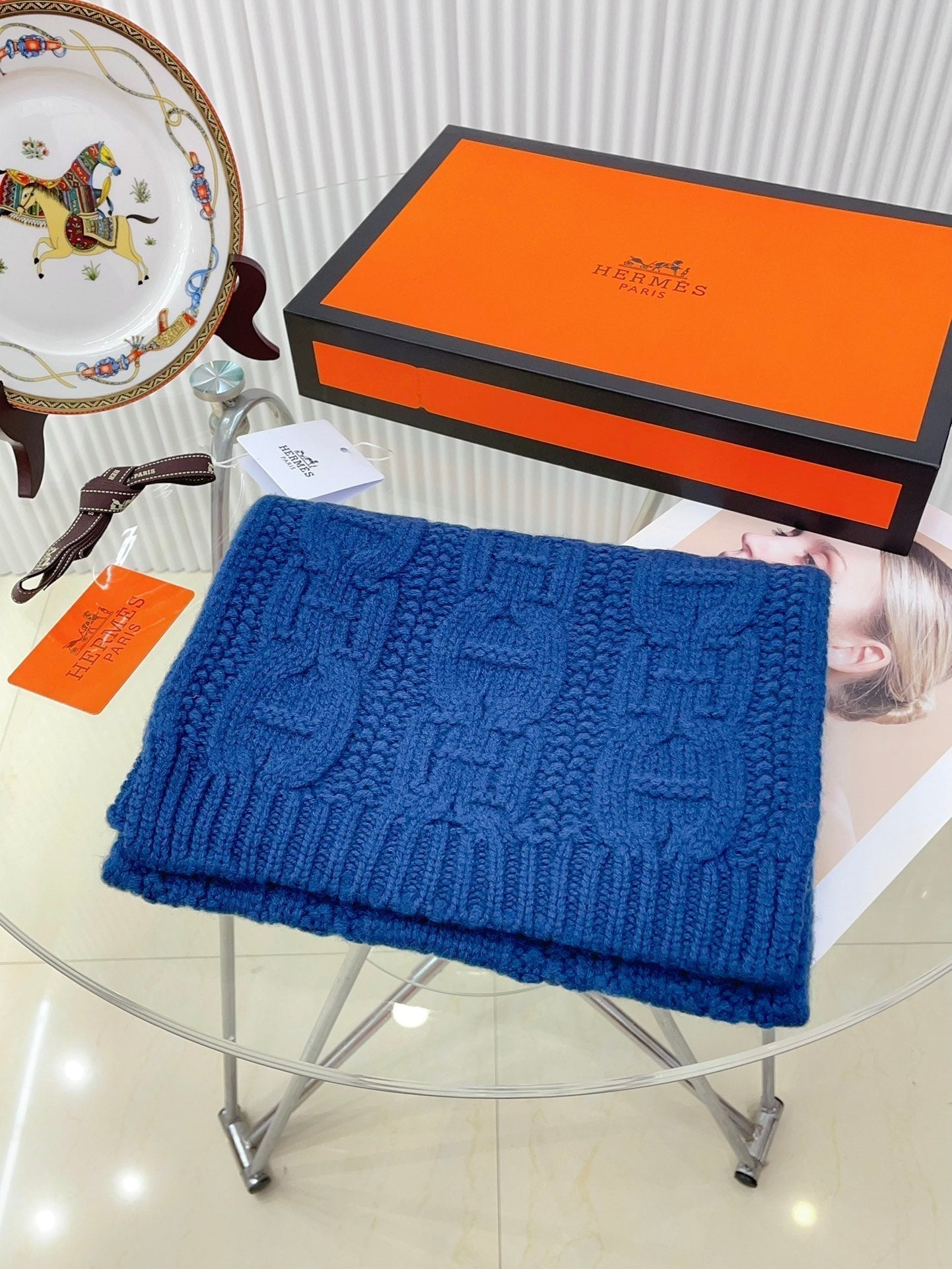Faubourg Muffler Scarf 170 CM Blue Cashmere Handwoven  356202
