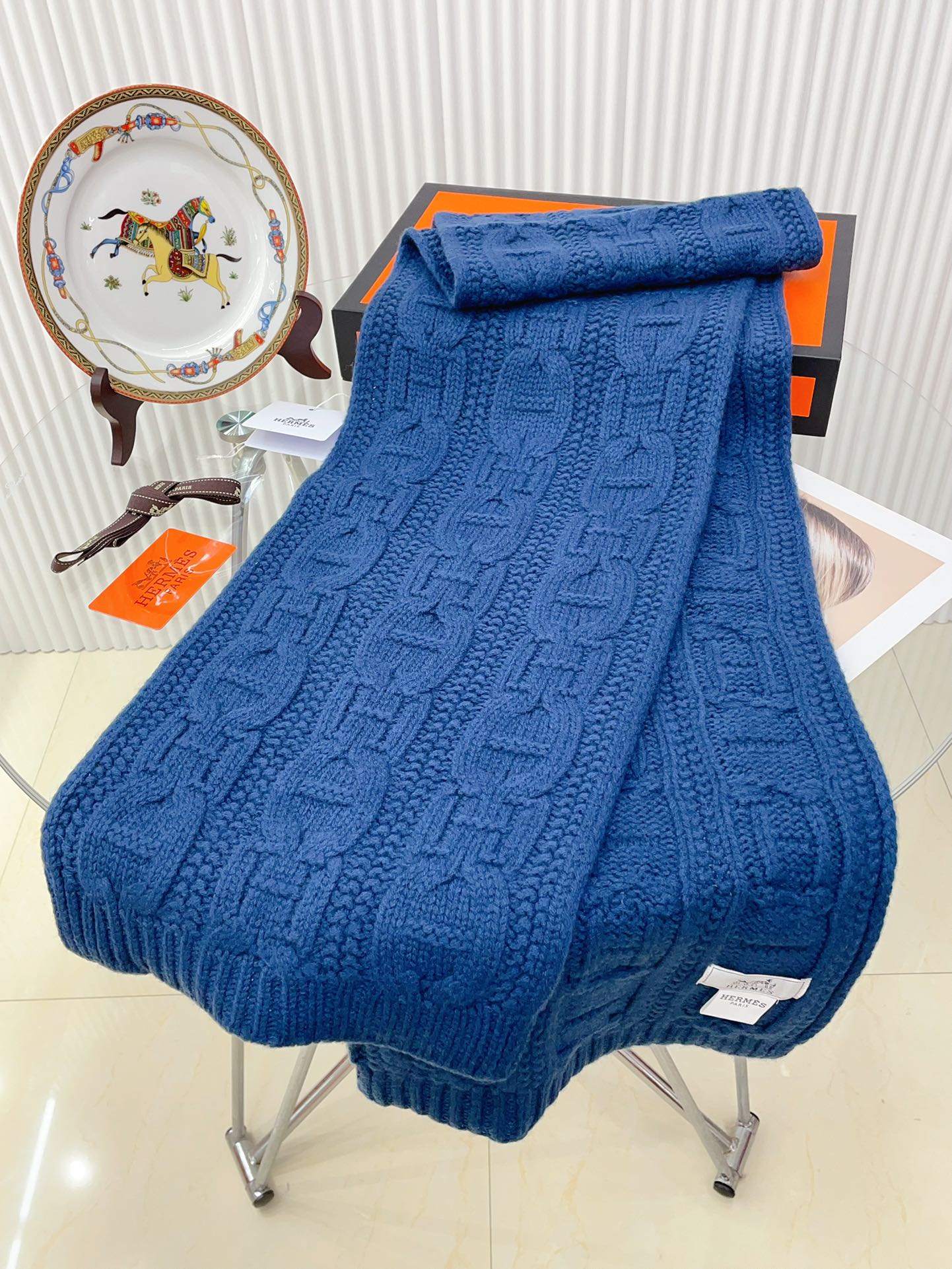 Faubourg Muffler Scarf 170 CM Blue Cashmere Handwoven  356202