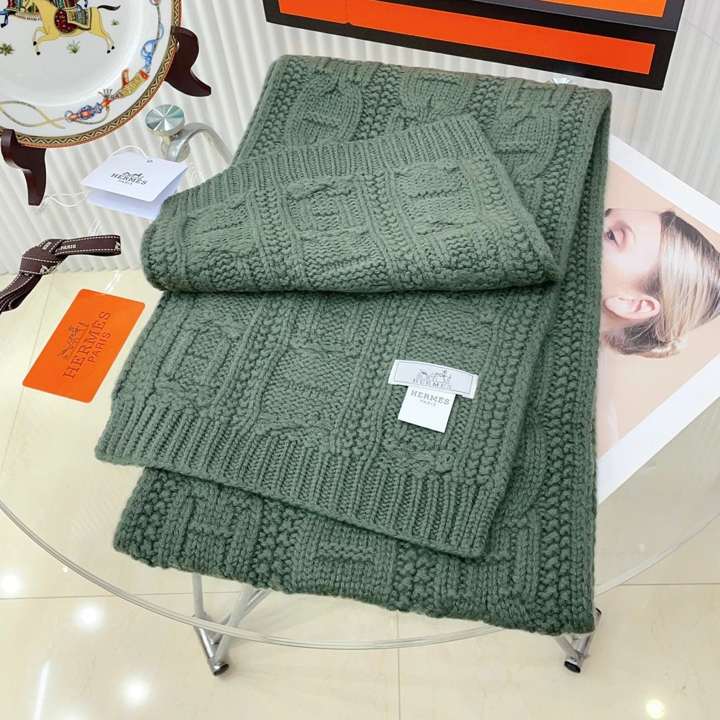 Faubourg Muffler Scarf 170 CM Khaki Green Cashmere Handwoven 356203