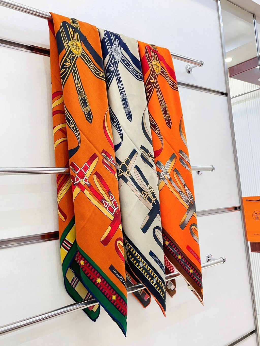 HM Lettres Equestre Scarf 140 CM In Orange Brown Colorful Cashmere And Silk 359400