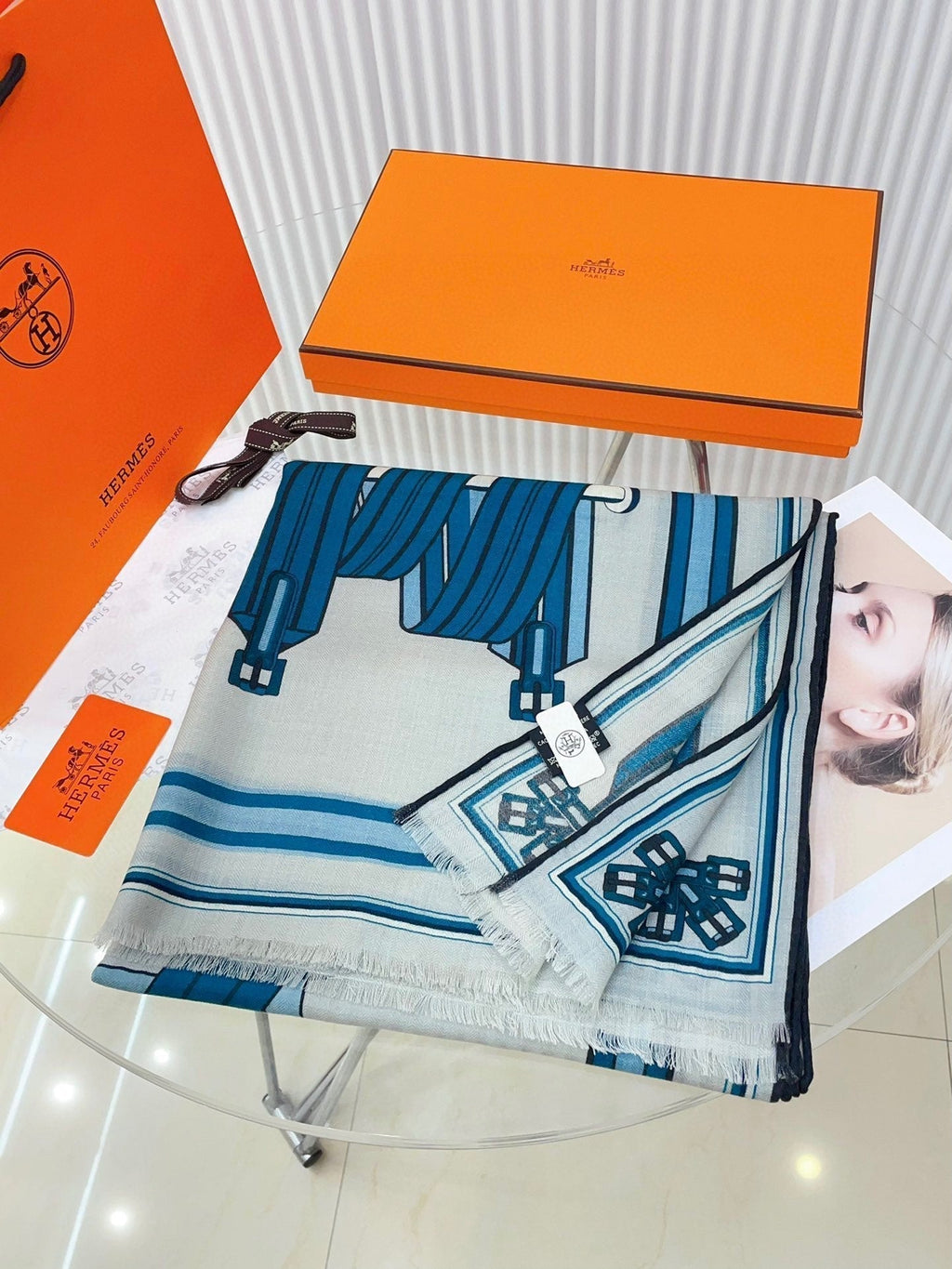 Les Sangles En Finesse Rectangle Scarf 180 CM In Light Blue Coloful Cashmere And Silk 373656