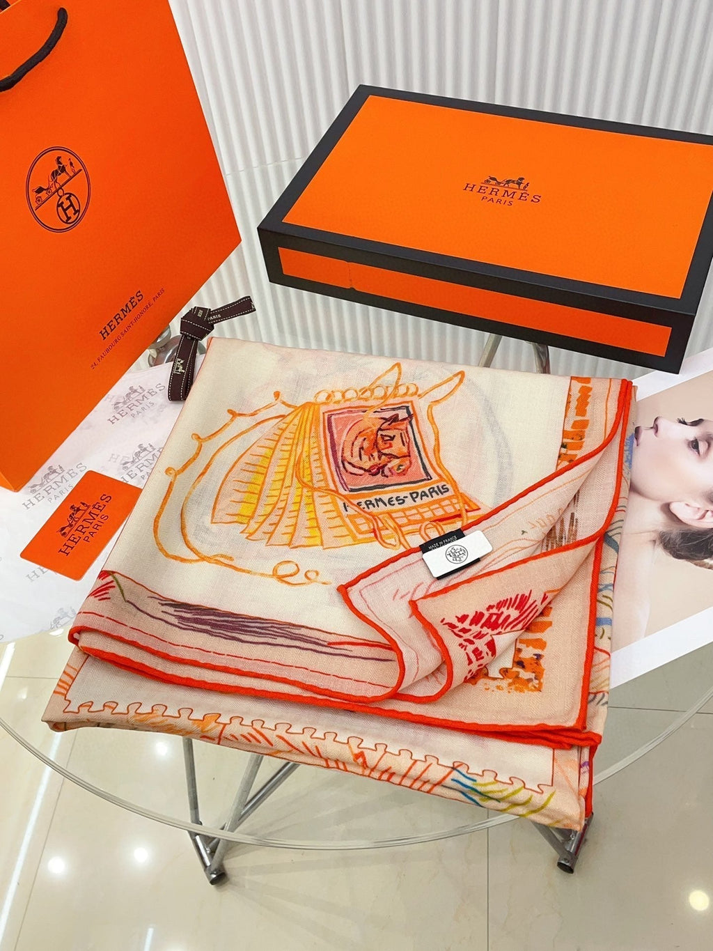 Chevaloscope Scarf 140 CM In Yellow Orange Colorful Cashmere And Silk 373659