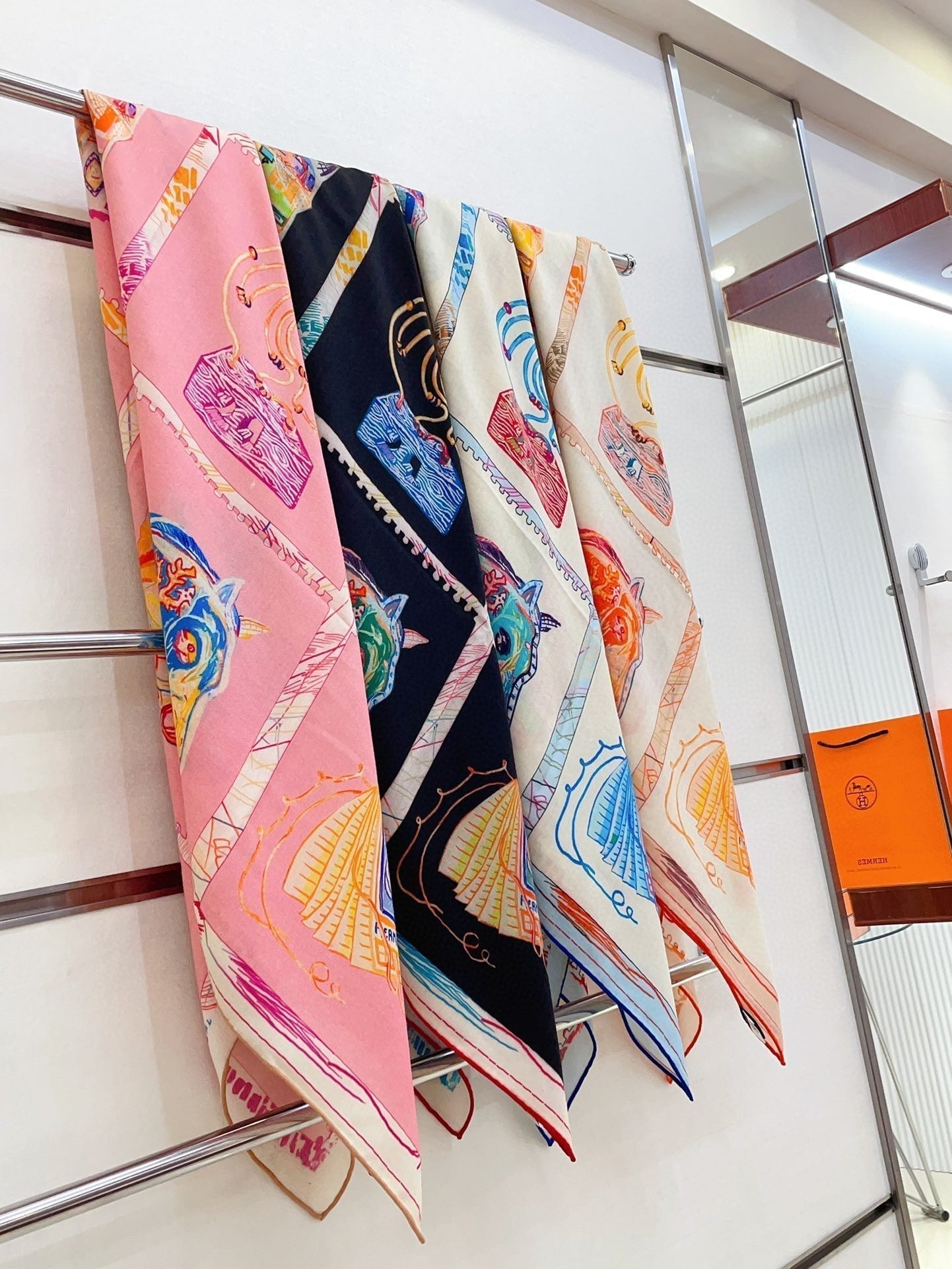 Chevaloscope Scarf 140 CM In Yellow Orange Colorful Cashmere And Silk 373659