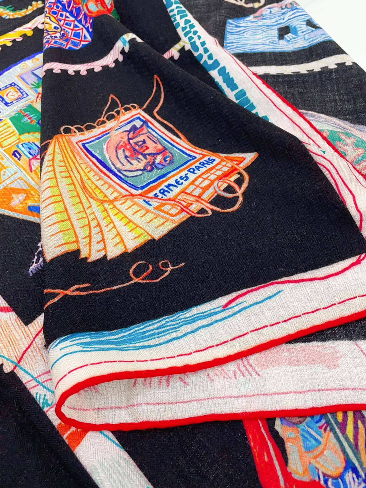 Chevaloscope Scarf 140 CM In Black Colorful Cashmere And Silk 373661