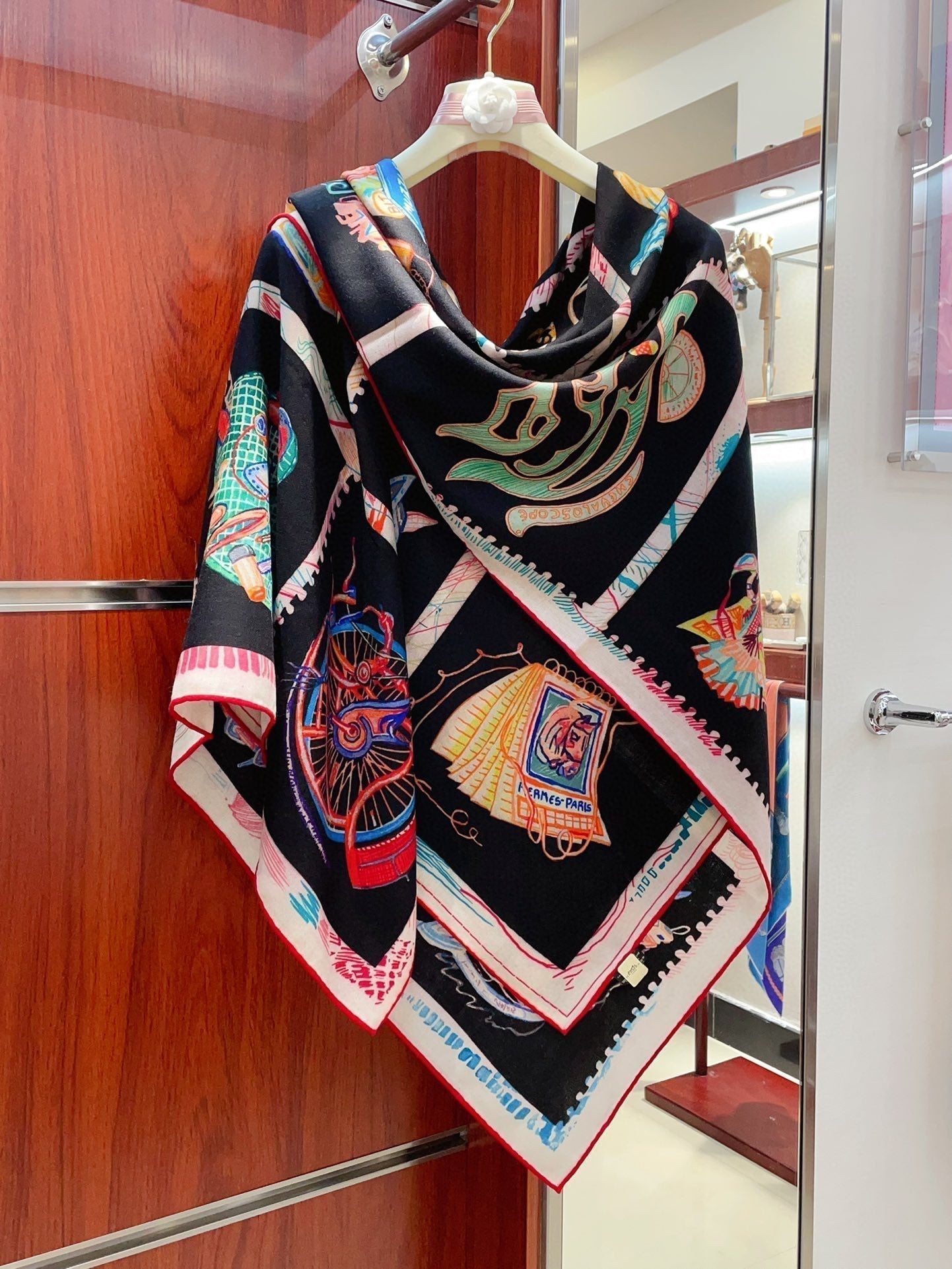 Chevaloscope Scarf 140 CM In Black Colorful Cashmere And Silk 373661