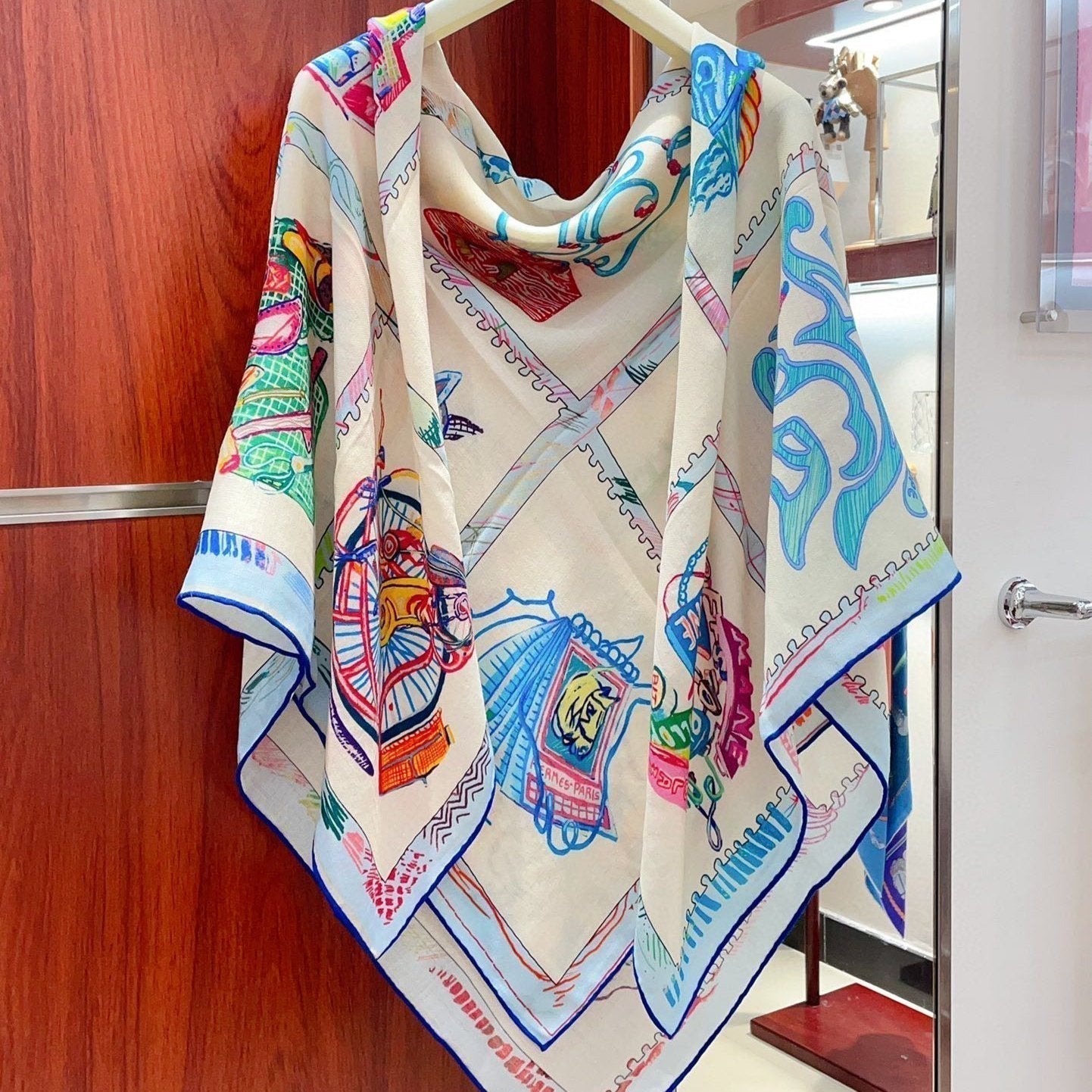 Chevaloscope Scarf 140 CM In Light Blue Colorful Cashmere And Silk 373662