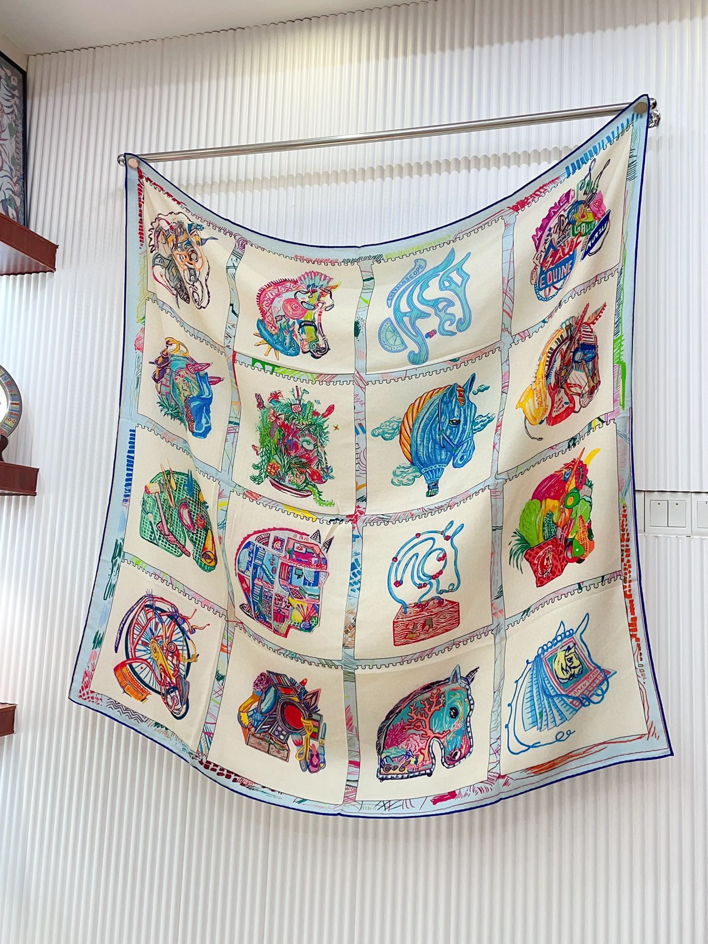 Chevaloscope Scarf 140 CM In Light Blue Colorful Cashmere And Silk 373662