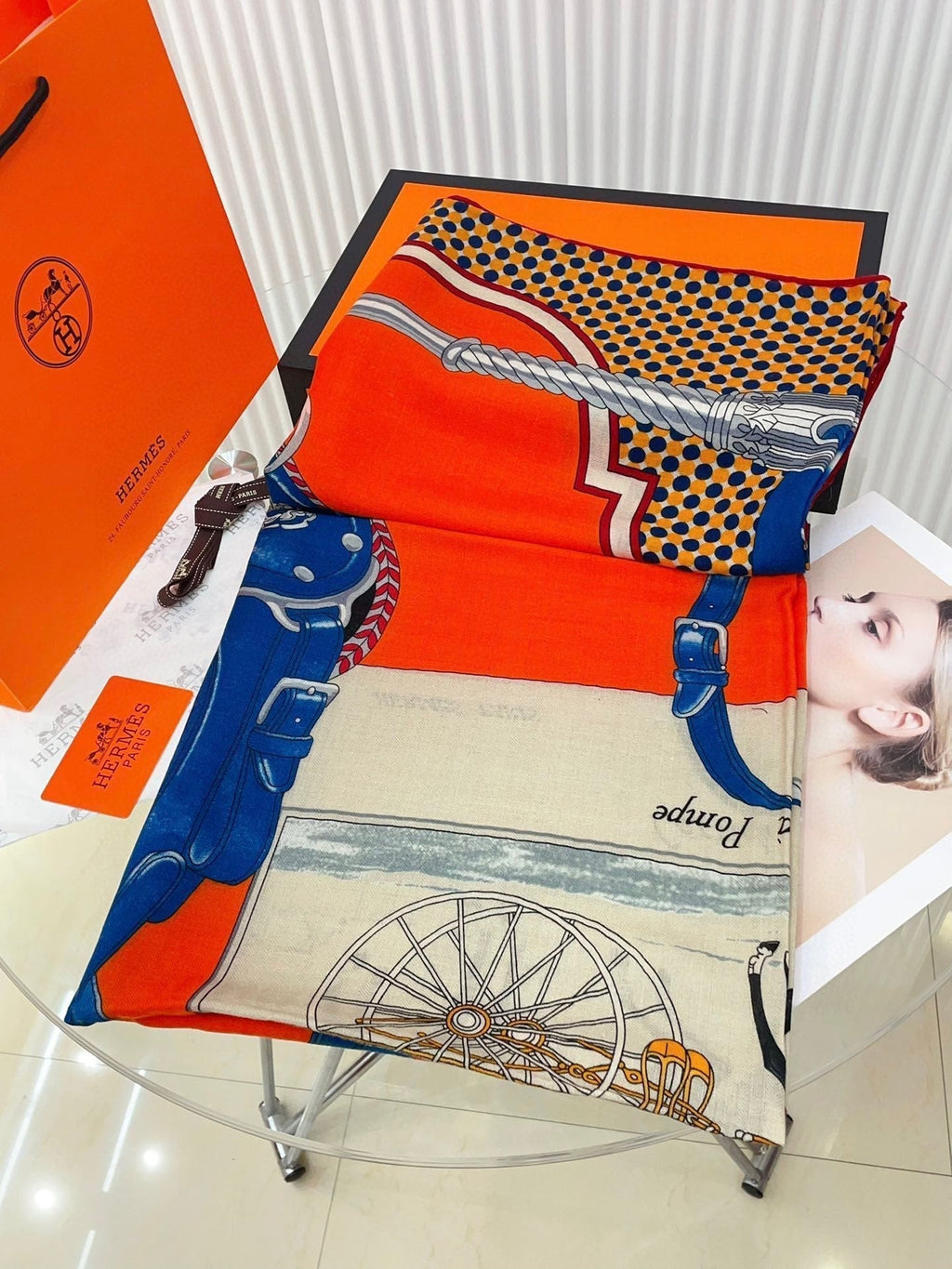 Silk Carrick a Pompe Scarf 140 CM In Orange Colorful Cashmere And Silk 381157