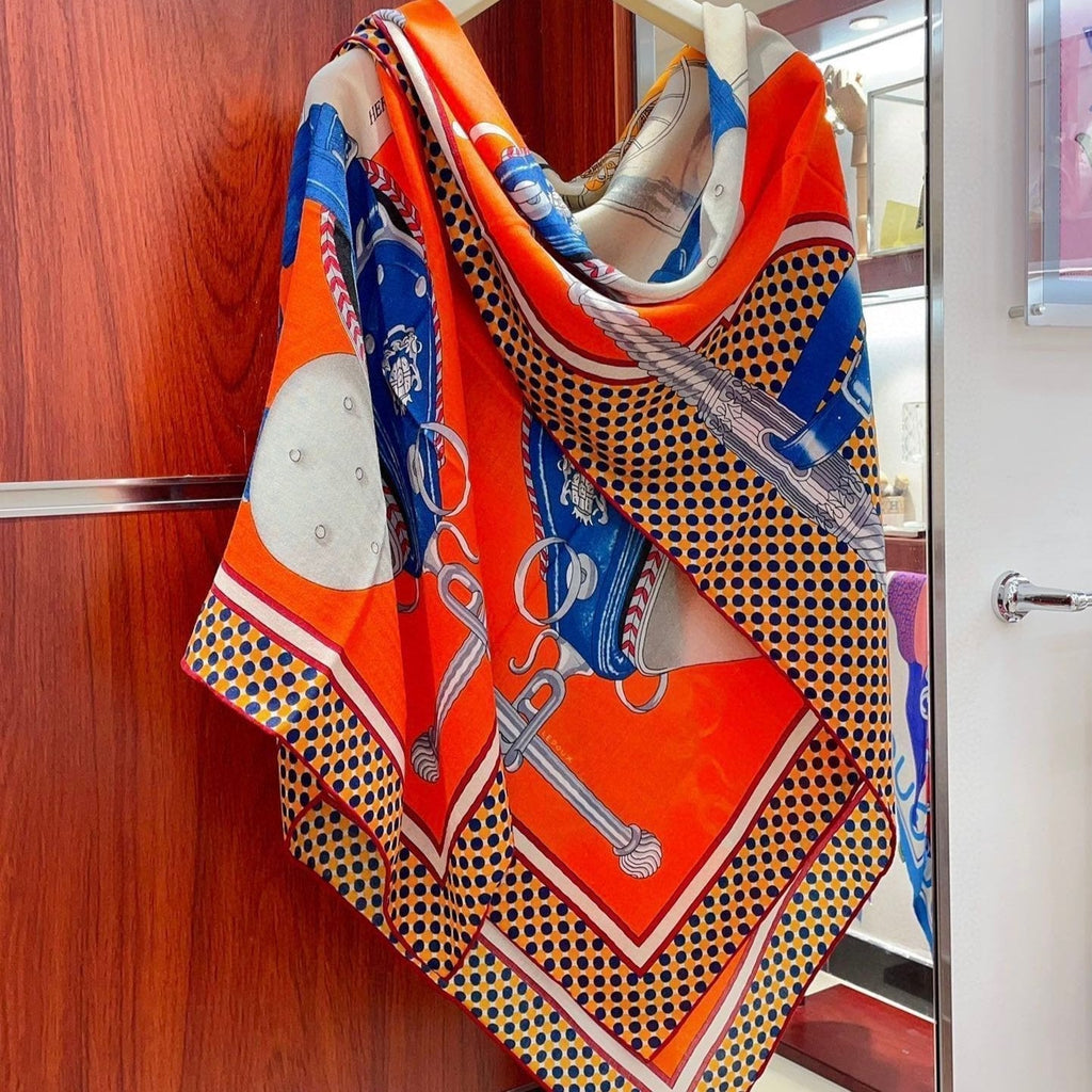 Silk Carrick a Pompe Scarf 140 CM In Orange Colorful Cashmere And Silk 381157