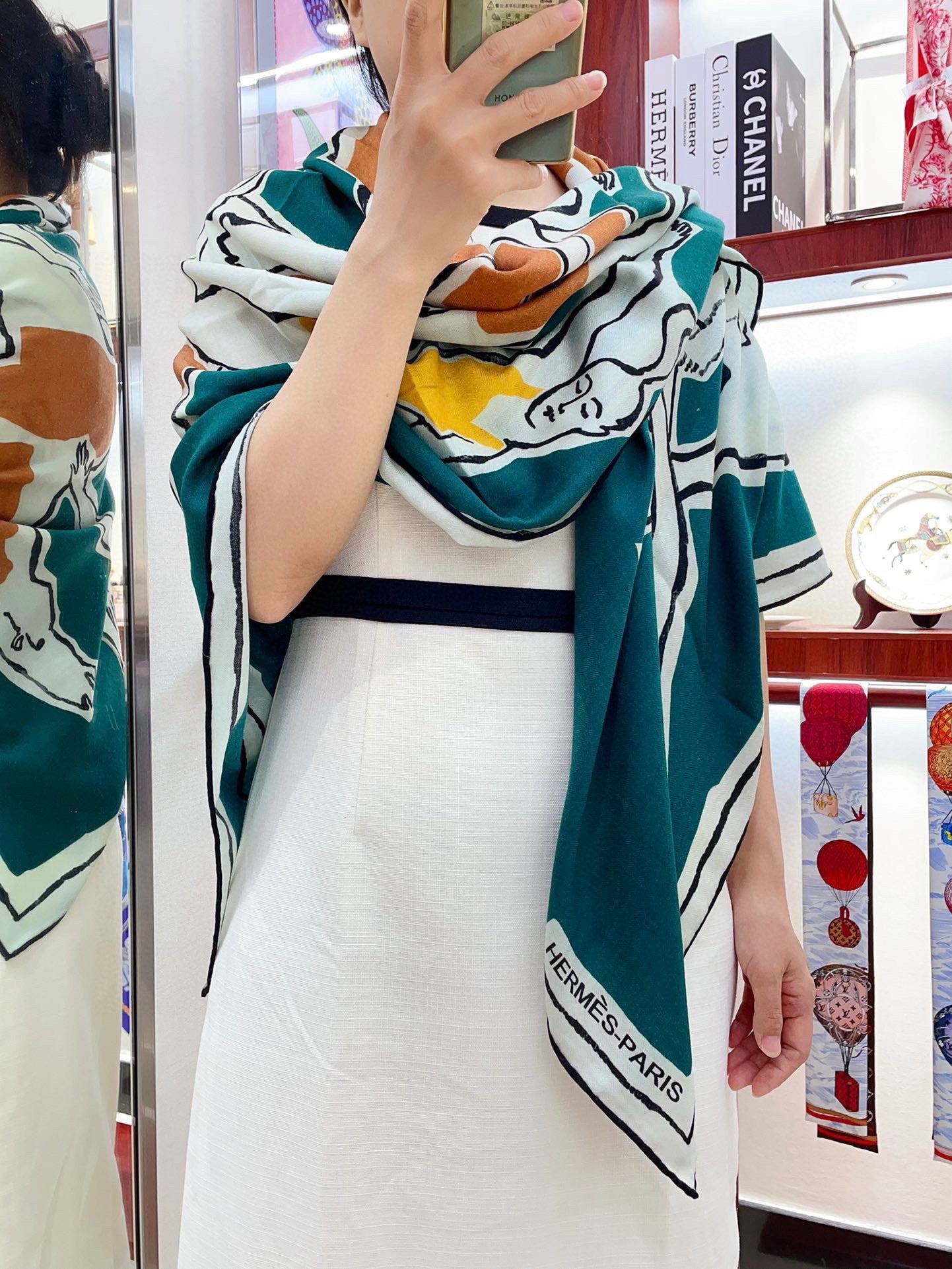 Choregraphie Equestre Scarf 140 CM Teal Blue Colorful Cashmere And Silk 393171