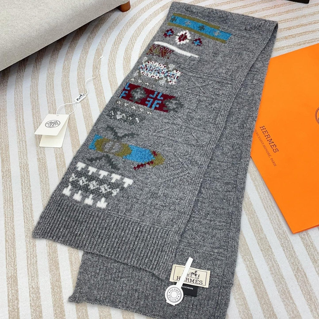 Scarf 120 CM In Grey Black Hand Woven Cashmere 401167