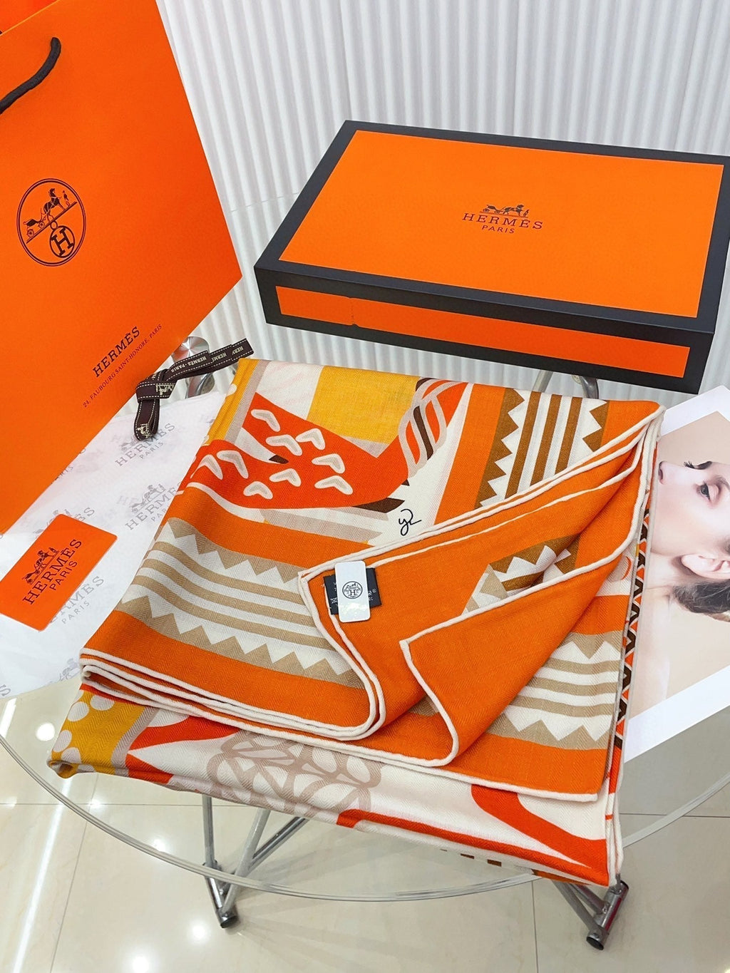 Fantaisie d'Etriers Shawl 135 CM Orange Colorful Cashmere And Silk 402081