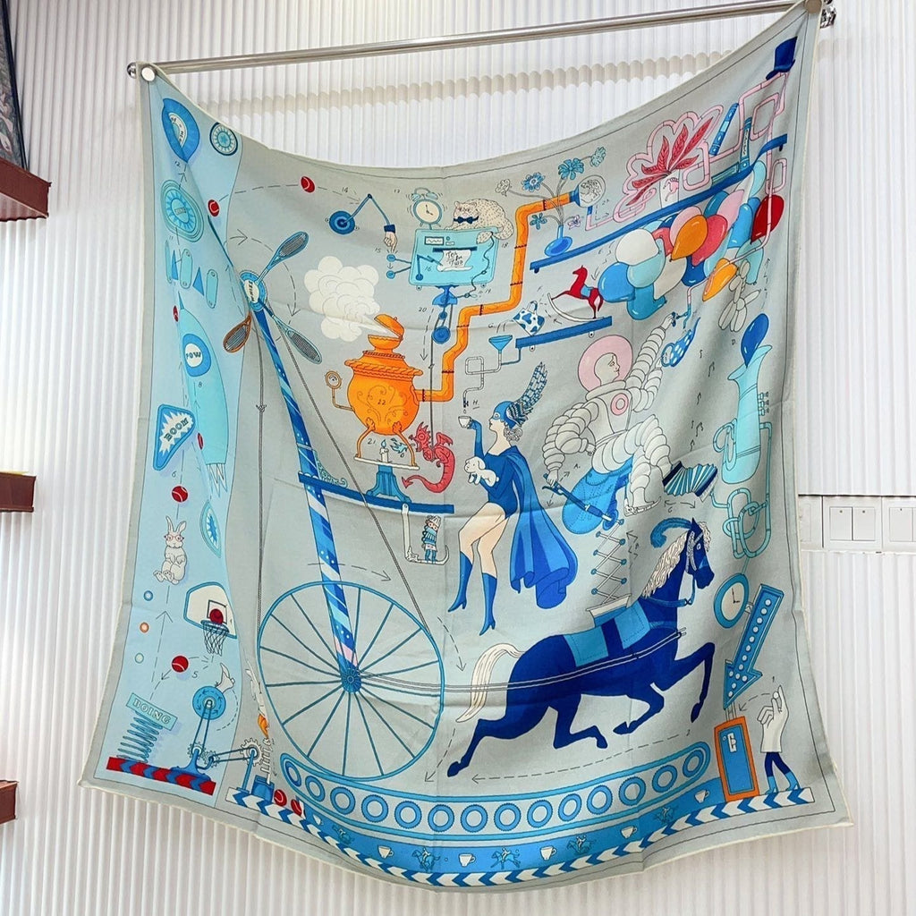 Tea For Two Scarf 140 CM Light Blue Colorful Cashmere And Silk 403890