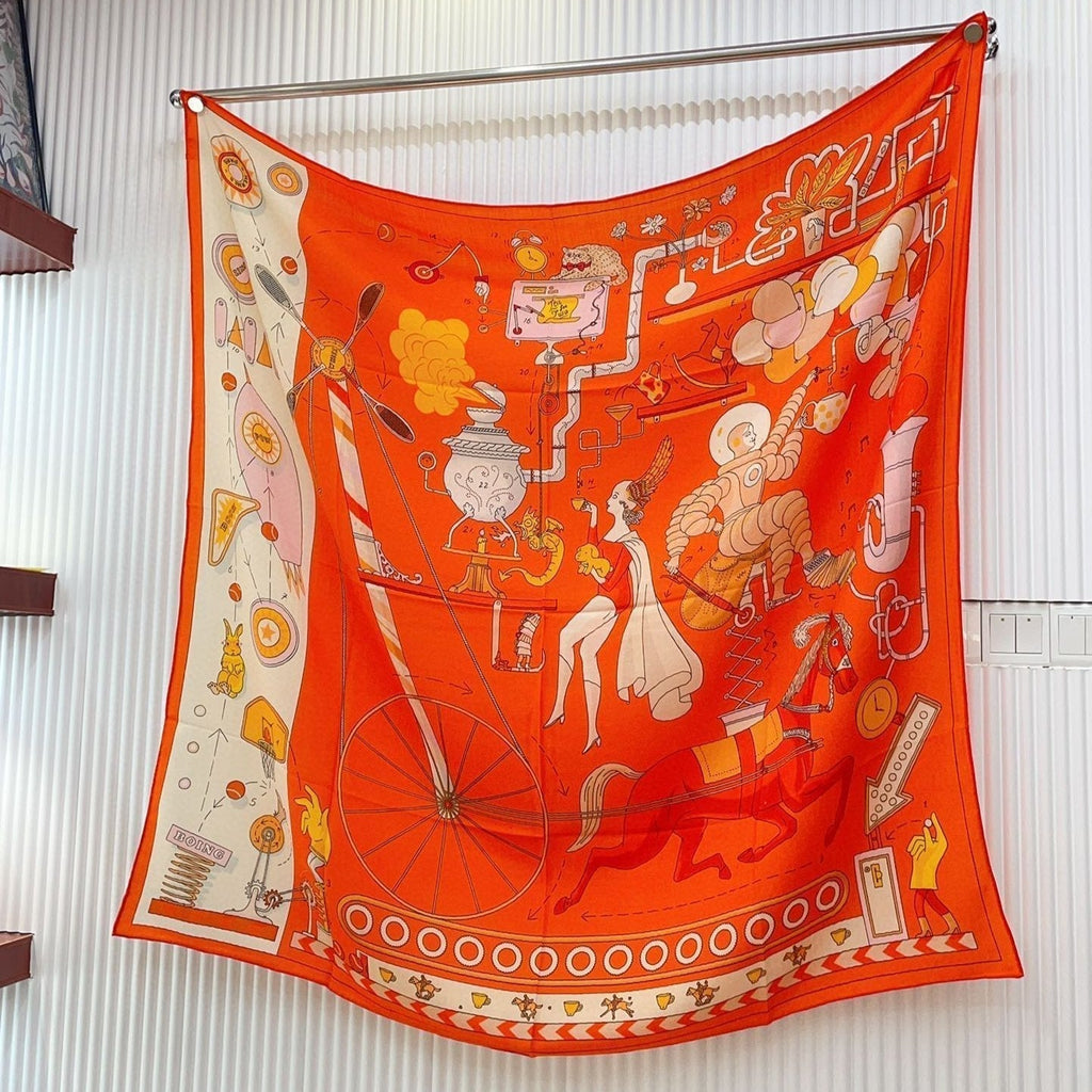 Tea For Two Scarf 140 CM Orange Colorful Cashmere And Silk 403890