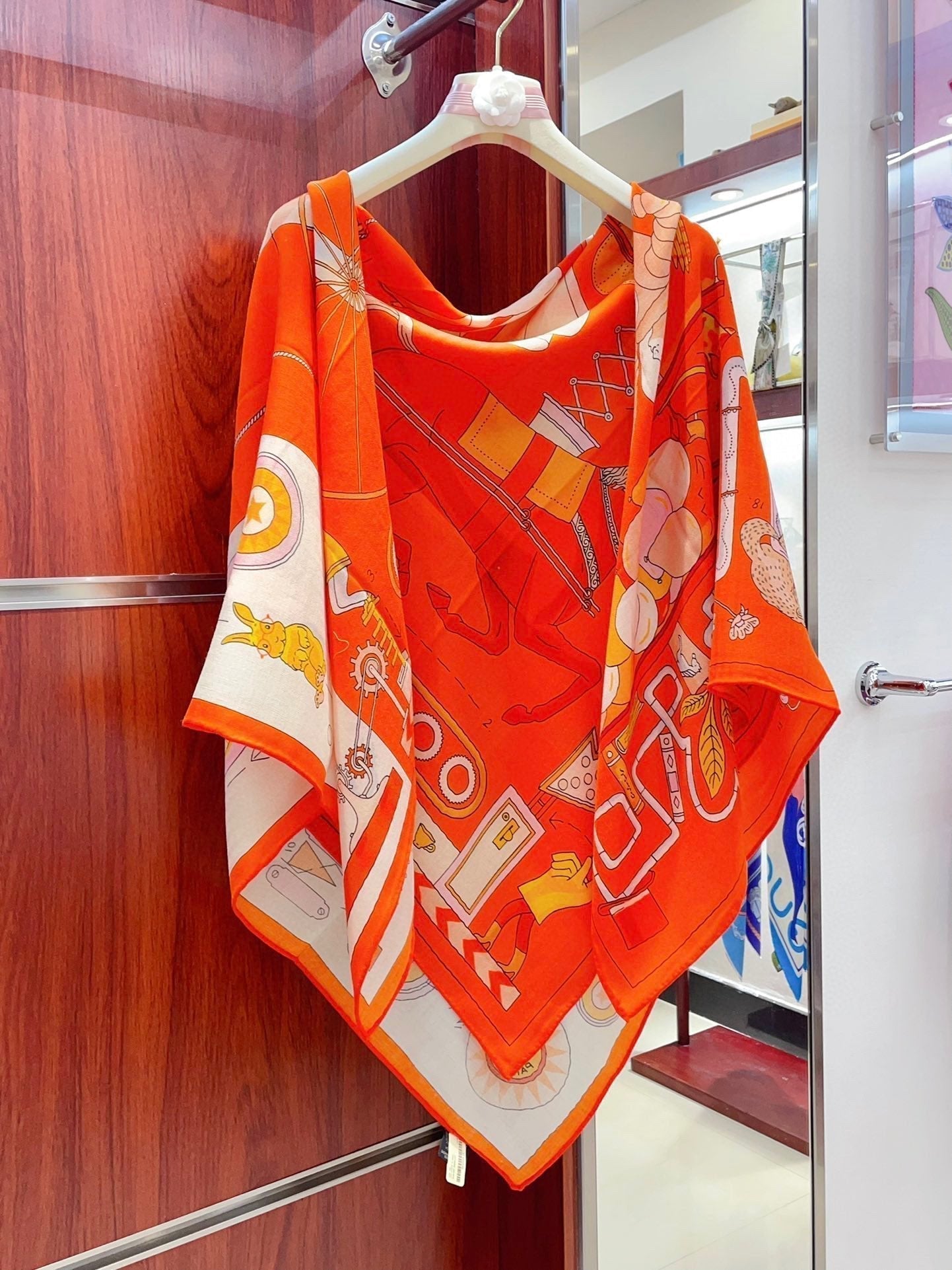 Tea For Two Scarf 140 CM Orange Colorful Cashmere And Silk 403890
