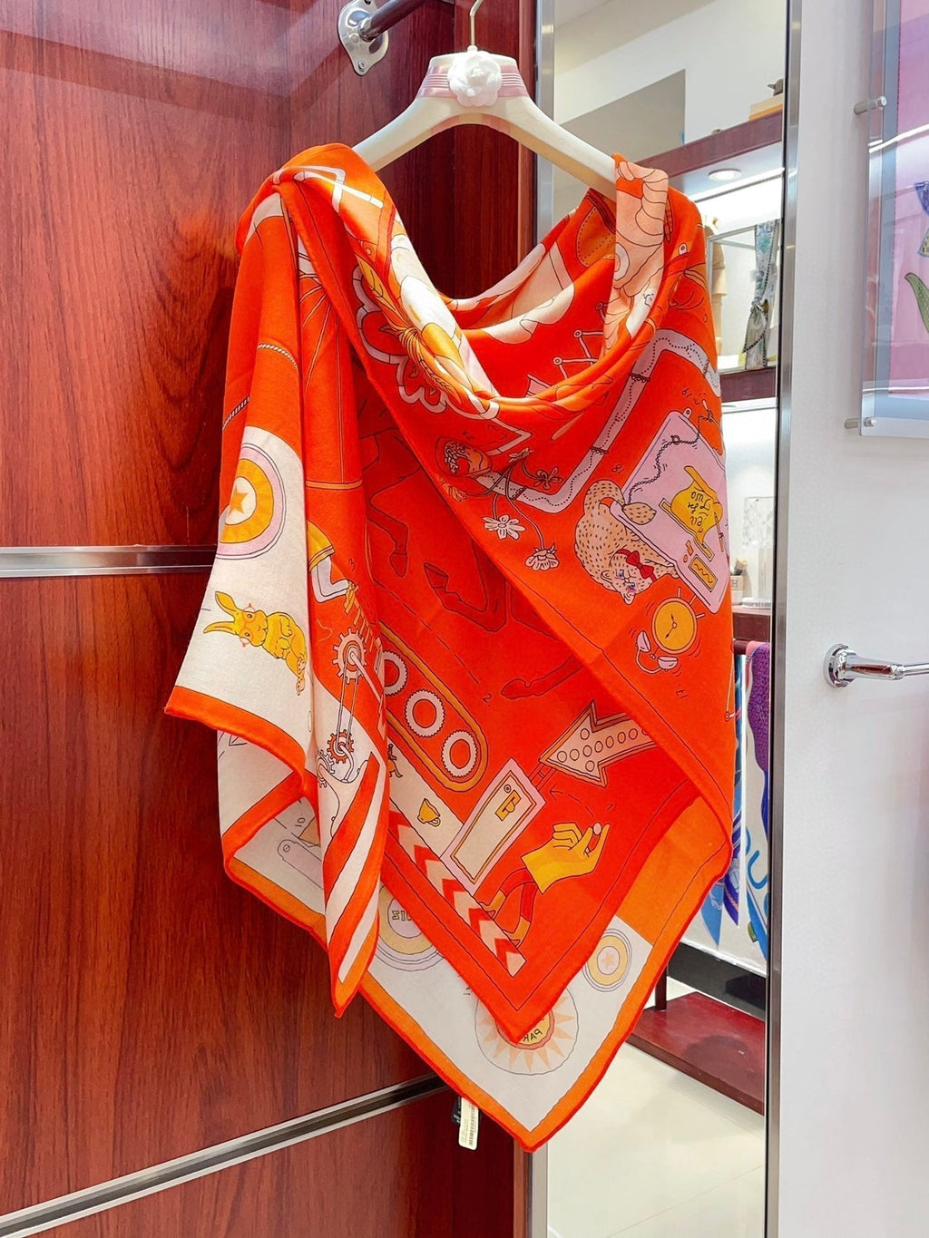 Tea For Two Scarf 140 CM Orange Colorful Cashmere And Silk 403890