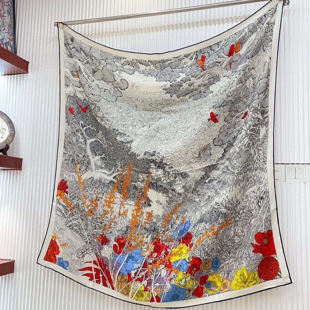Retour A La Nature Shawl 140CM In Grey White Colorful Cashmere And Silk