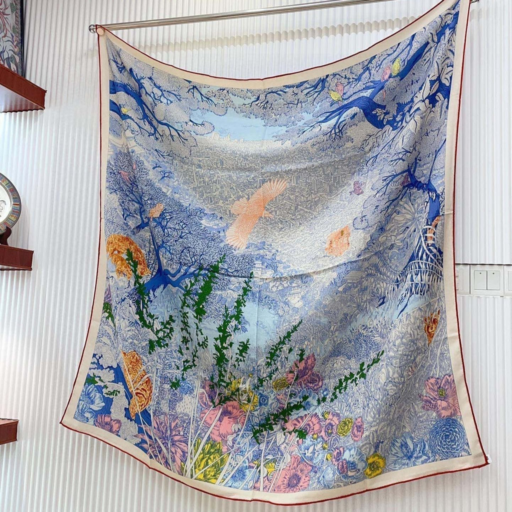 Square Scarf 140CM In Dakr Blue Colorful Cashmere And Silk