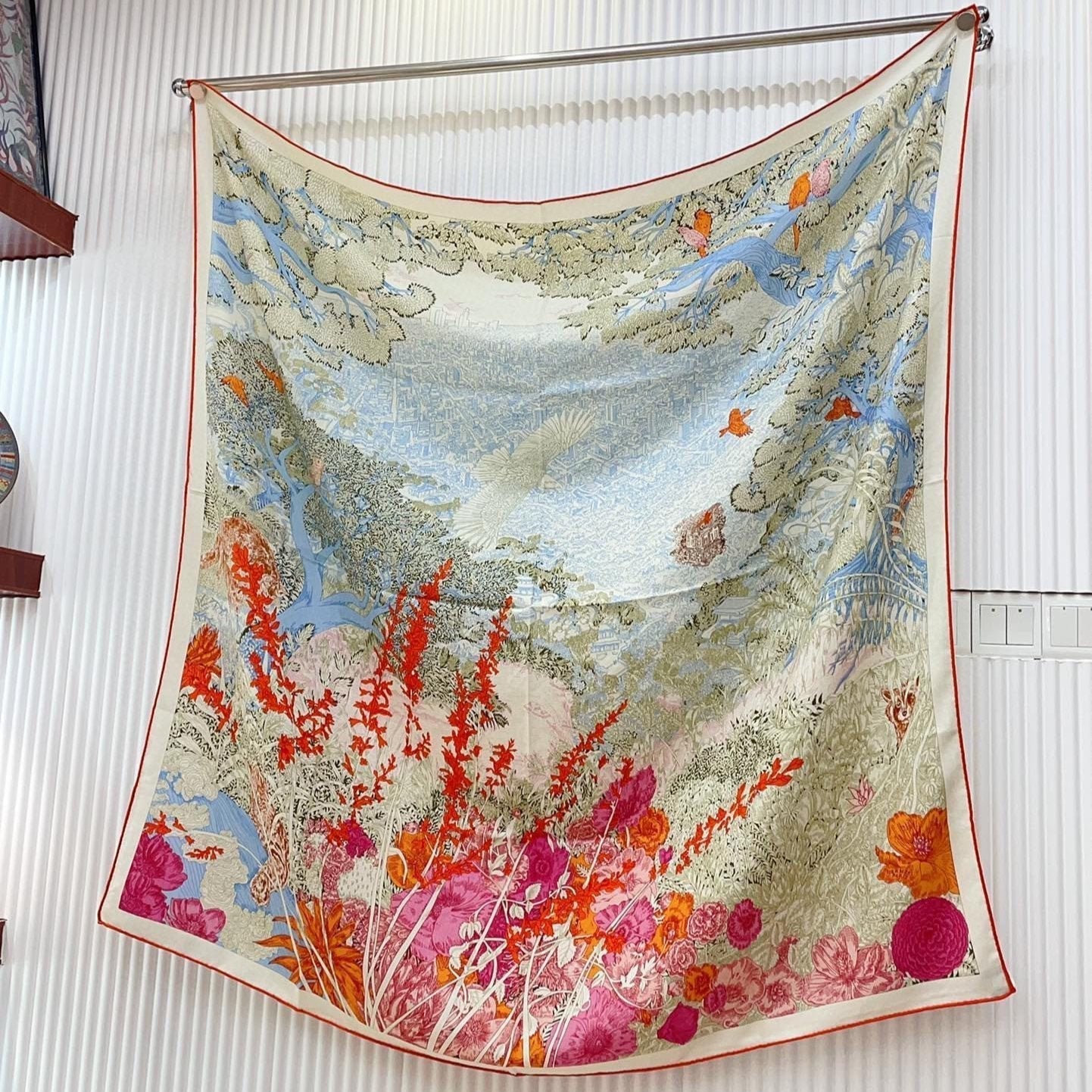 Square Scarf 140CM In Light Blue Colorful Cashmere And Silk
