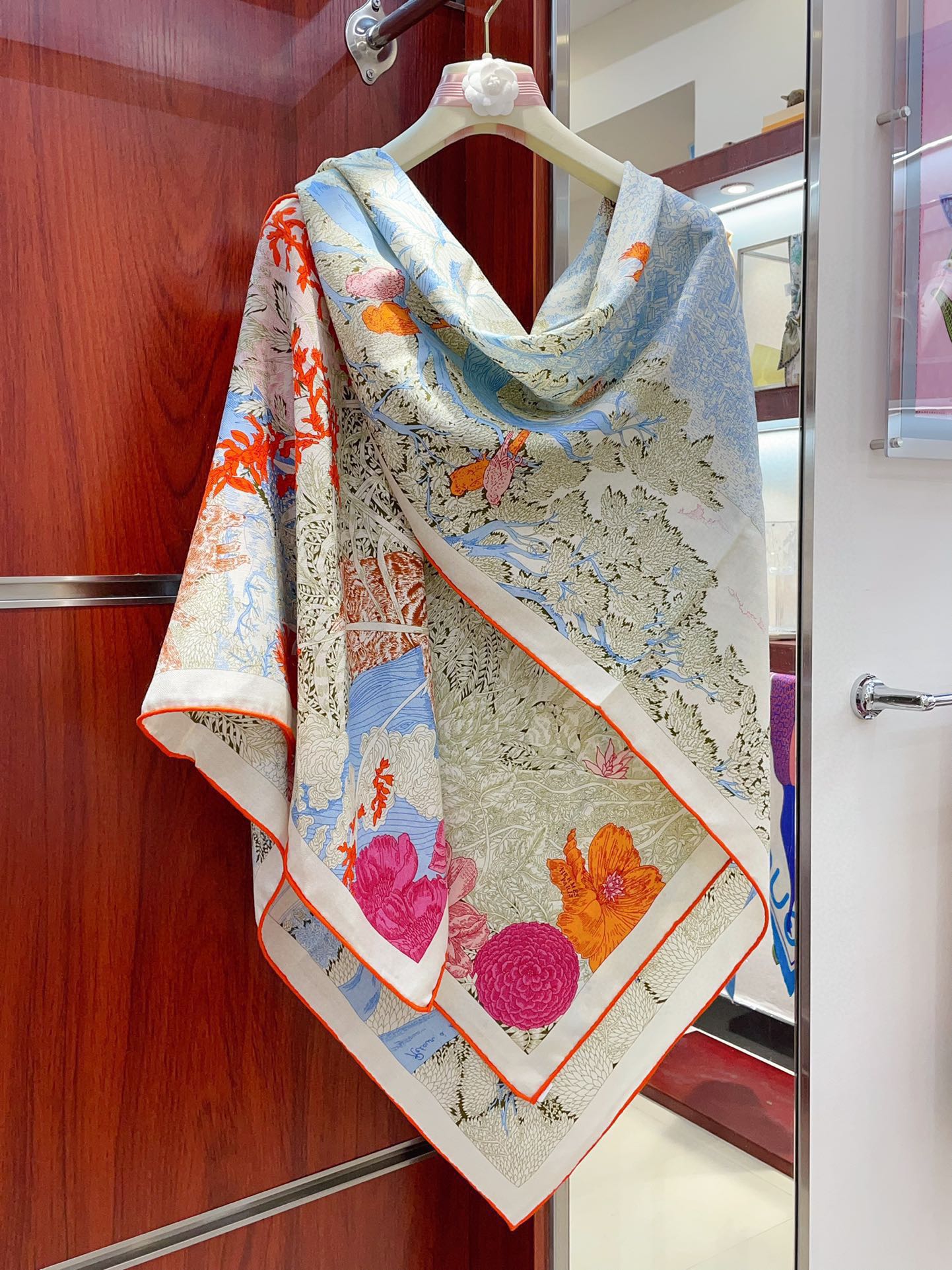 Square Scarf 140CM In Light Blue Colorful Cashmere And Silk