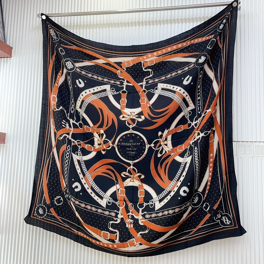 Square Scarf 140CM Black Mix Orange White Cashmere And Silk