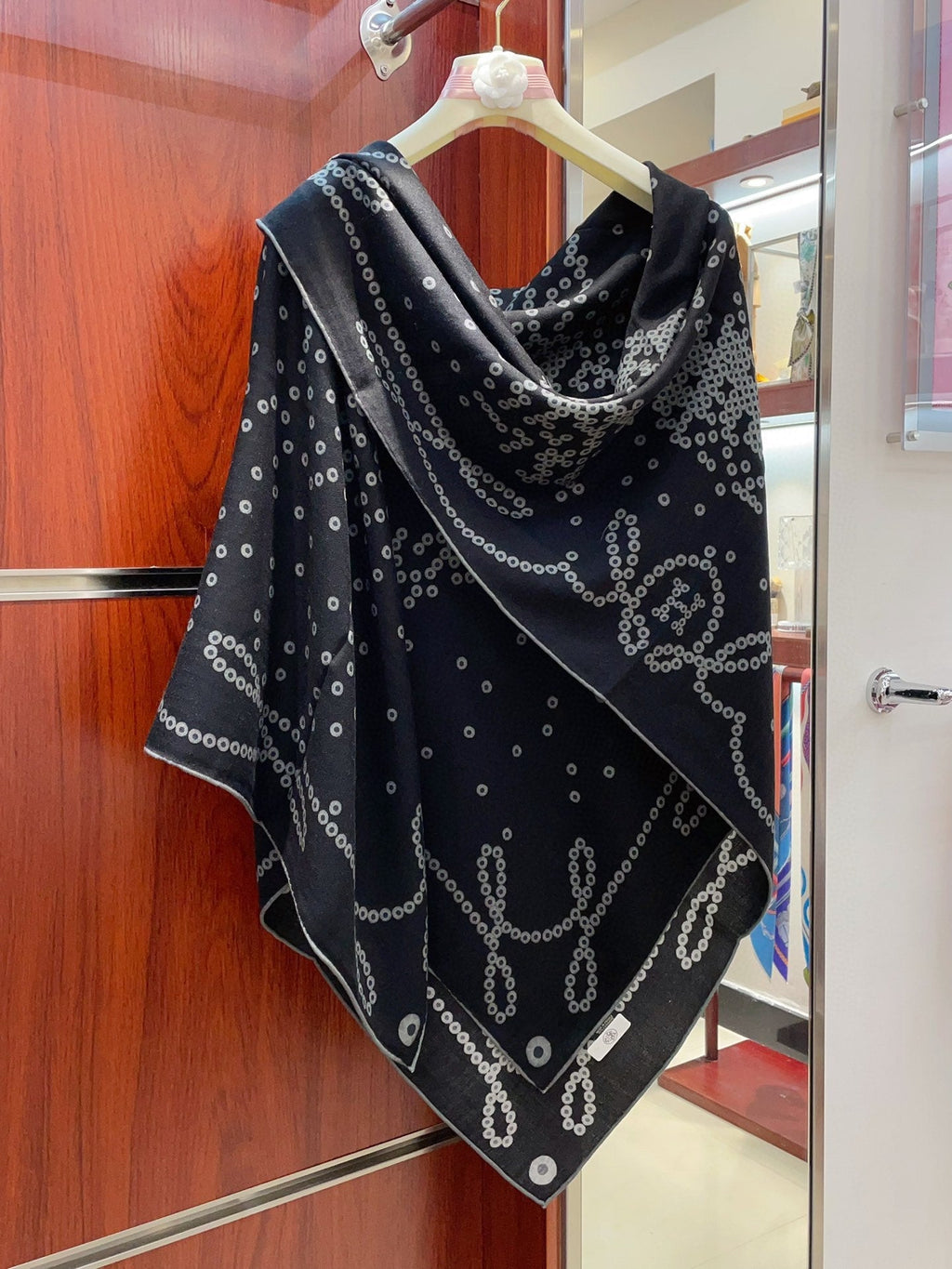 Cheval De Legende Scarf 140 CM Charcoal Blue Pattern Cashmere And Silk