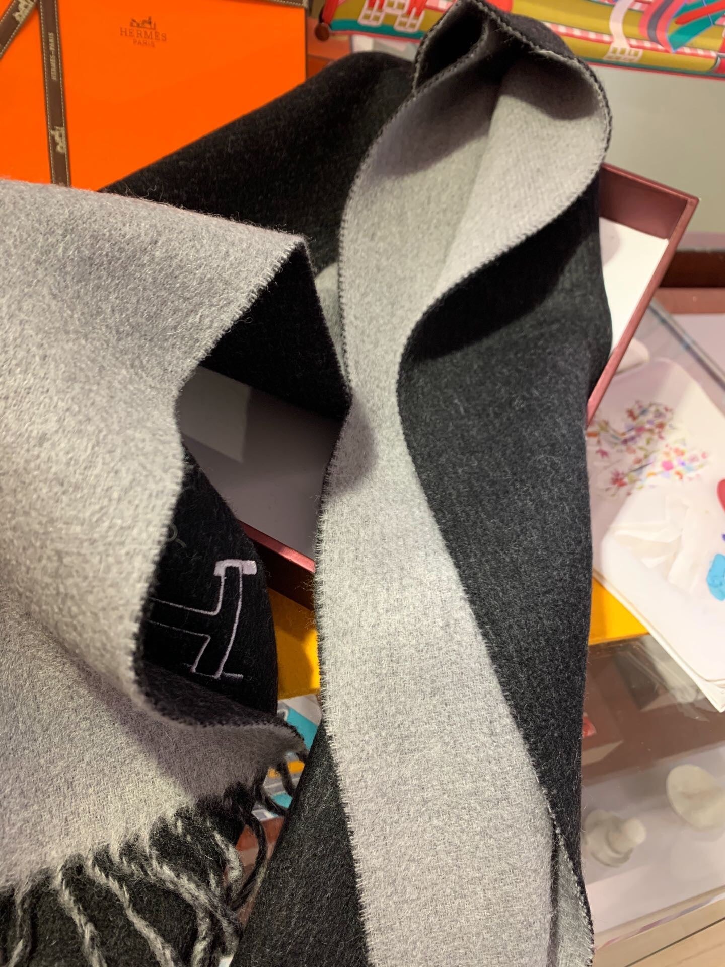 Scarf 200 CM In Black Mix Grey Cashmere  394774