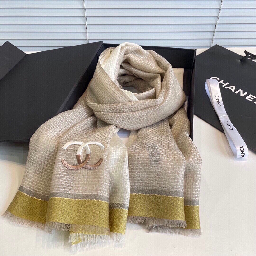 CC Scarf 200 CM In Light Brown Yellow Mix White Ivory Cashmere 413836