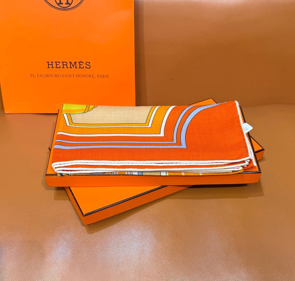HM Les Roues de Phaeton Scarf 140x140cm Orange Yellow Silk Cashmere 269483